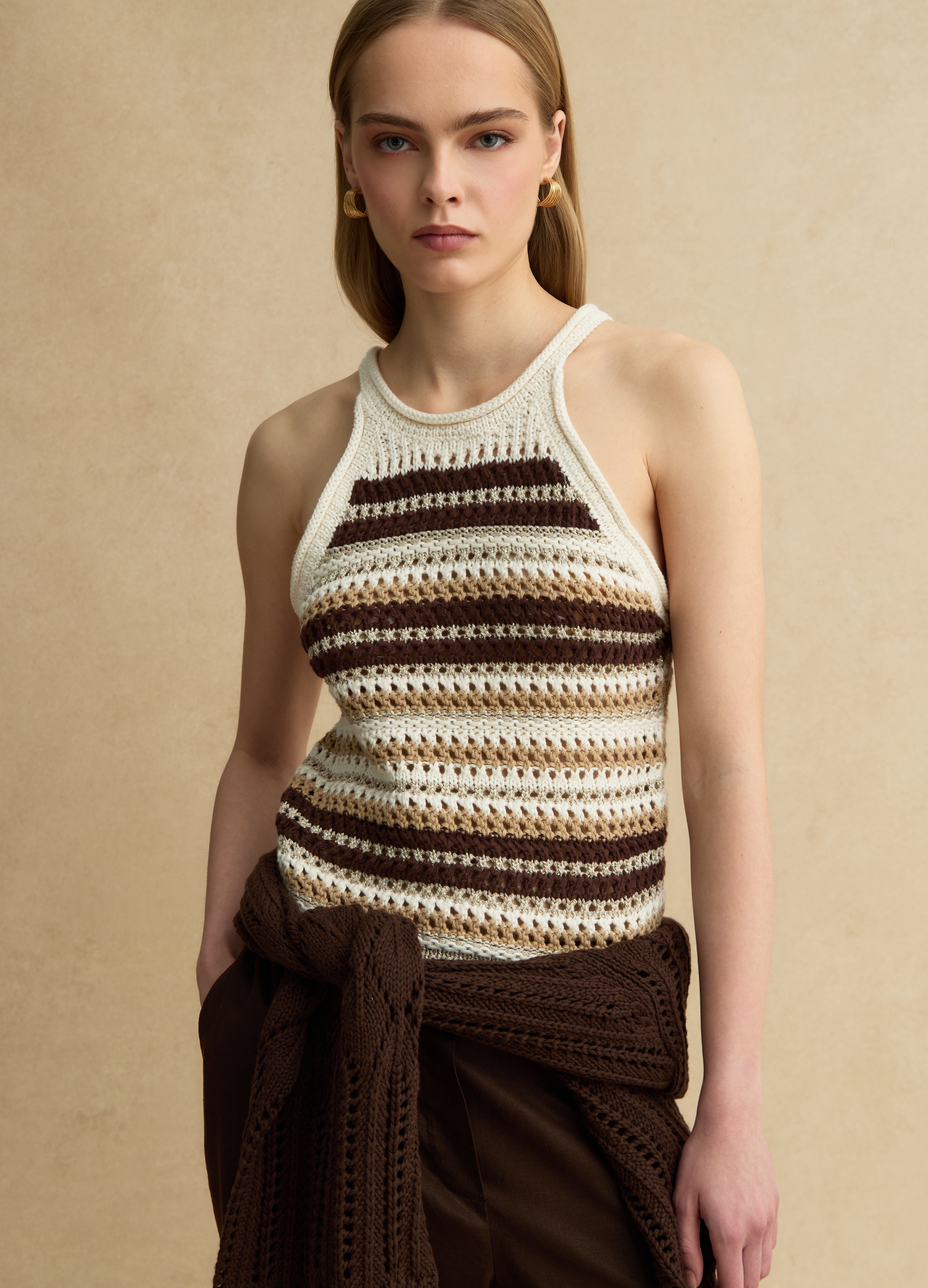 LES COPAINS, Top Fitted A Righe Multicolor In Misto Cotone Lavorato A Maglia, Mujer, Blanco/marrón, Talla: 40