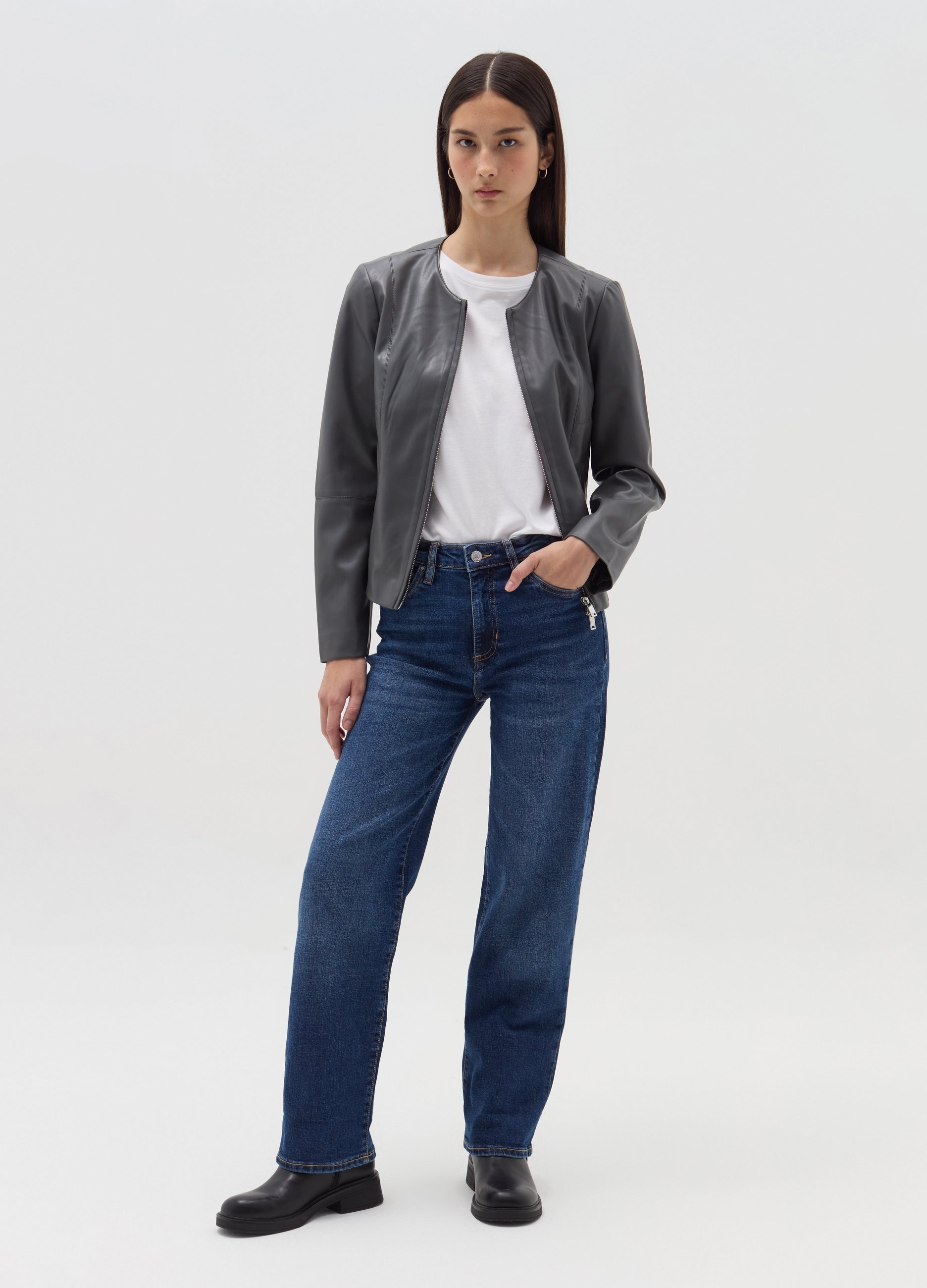 Cazadora Motera Efecto Brillante, Mujer, Gris oscuro, Talla: XS