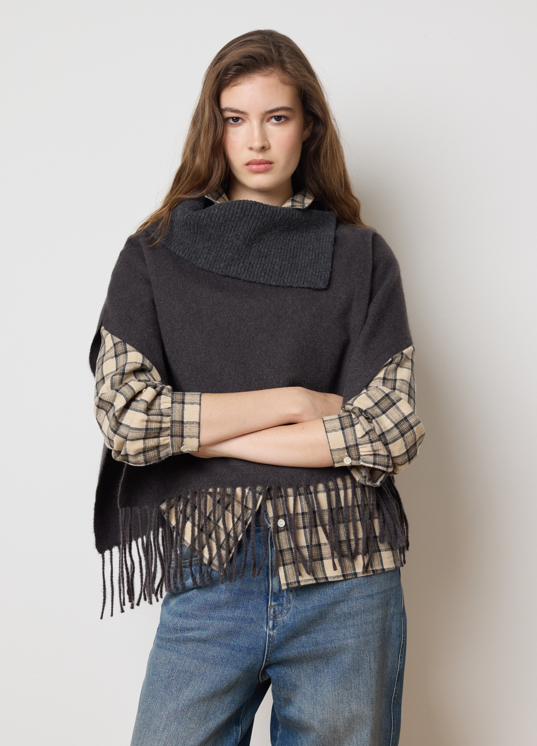 LES COPAINS, Sciarpa Grigia Con Frange, Donna, Grigio, Taglia: ONE SIZE