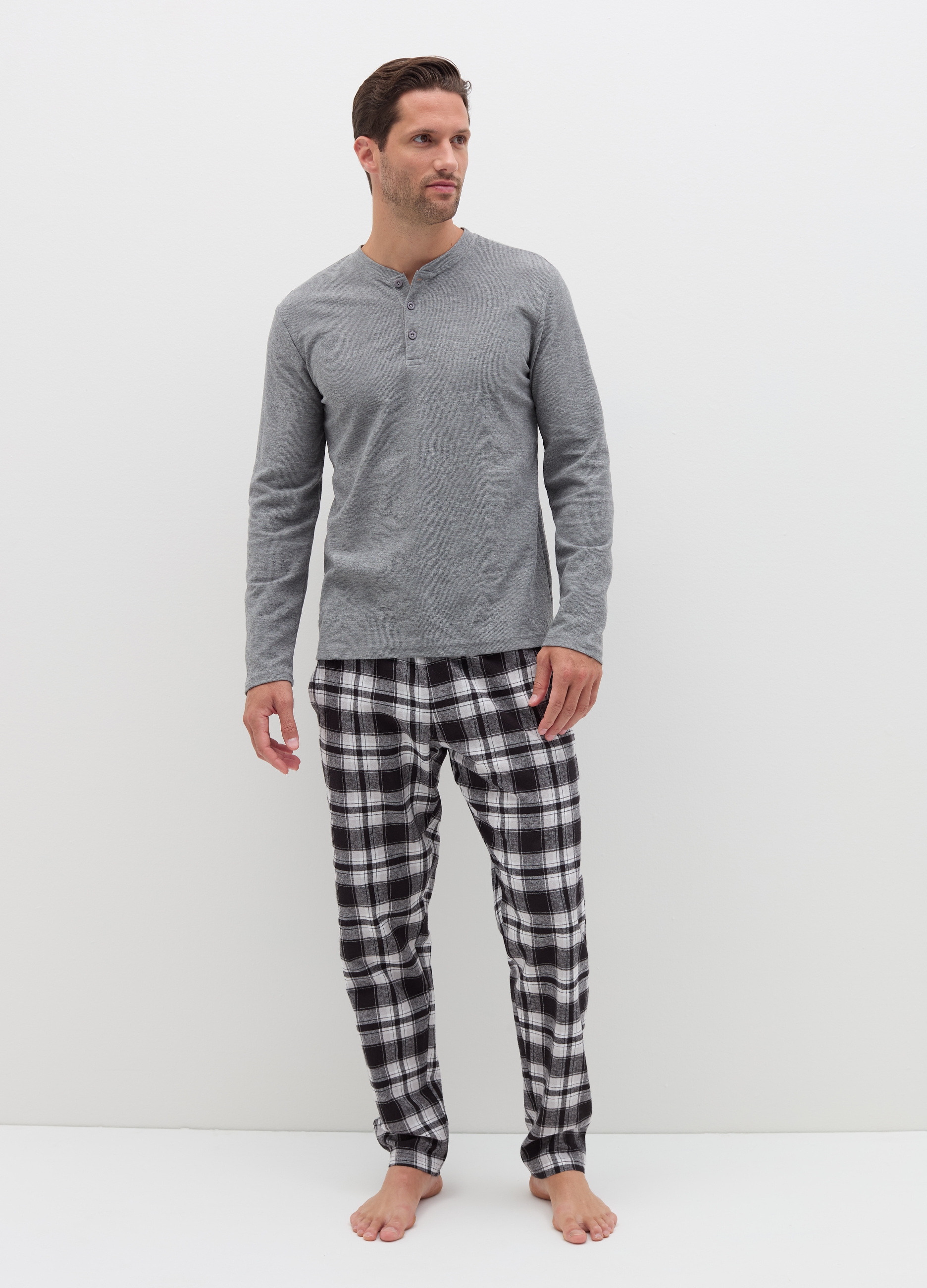 Pijama Largo Parte De Arriba Con Cuello Panadero, Hombre, Gris jaspeado, Talla: S