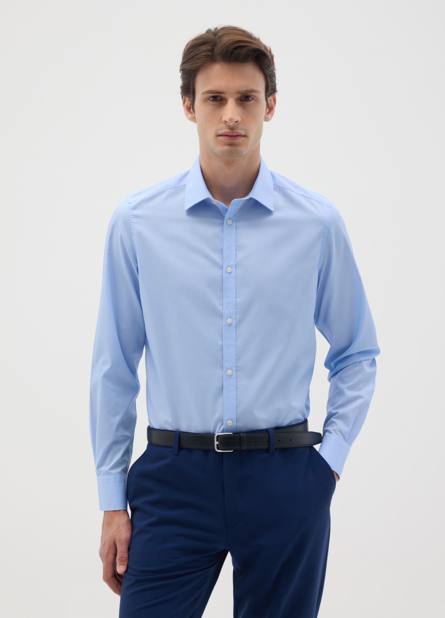 Camisa Ajustada Azul Claro De Mezcla De Algodón, Hombre, Azul Azur, Talla: 41