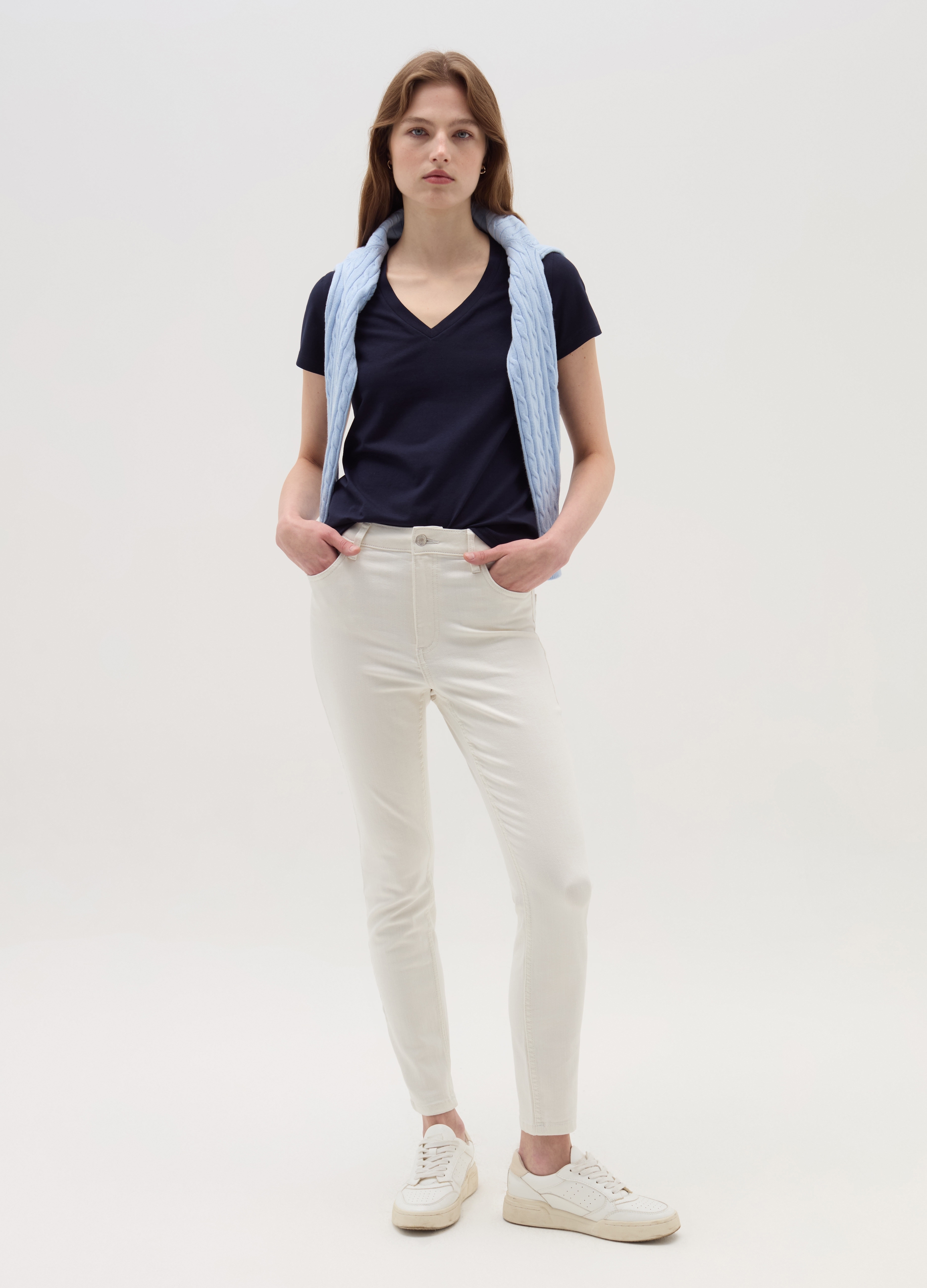 Camiseta Color Liso Con Cuello De Pico, Mujer, Azul Noche, Talla: 36