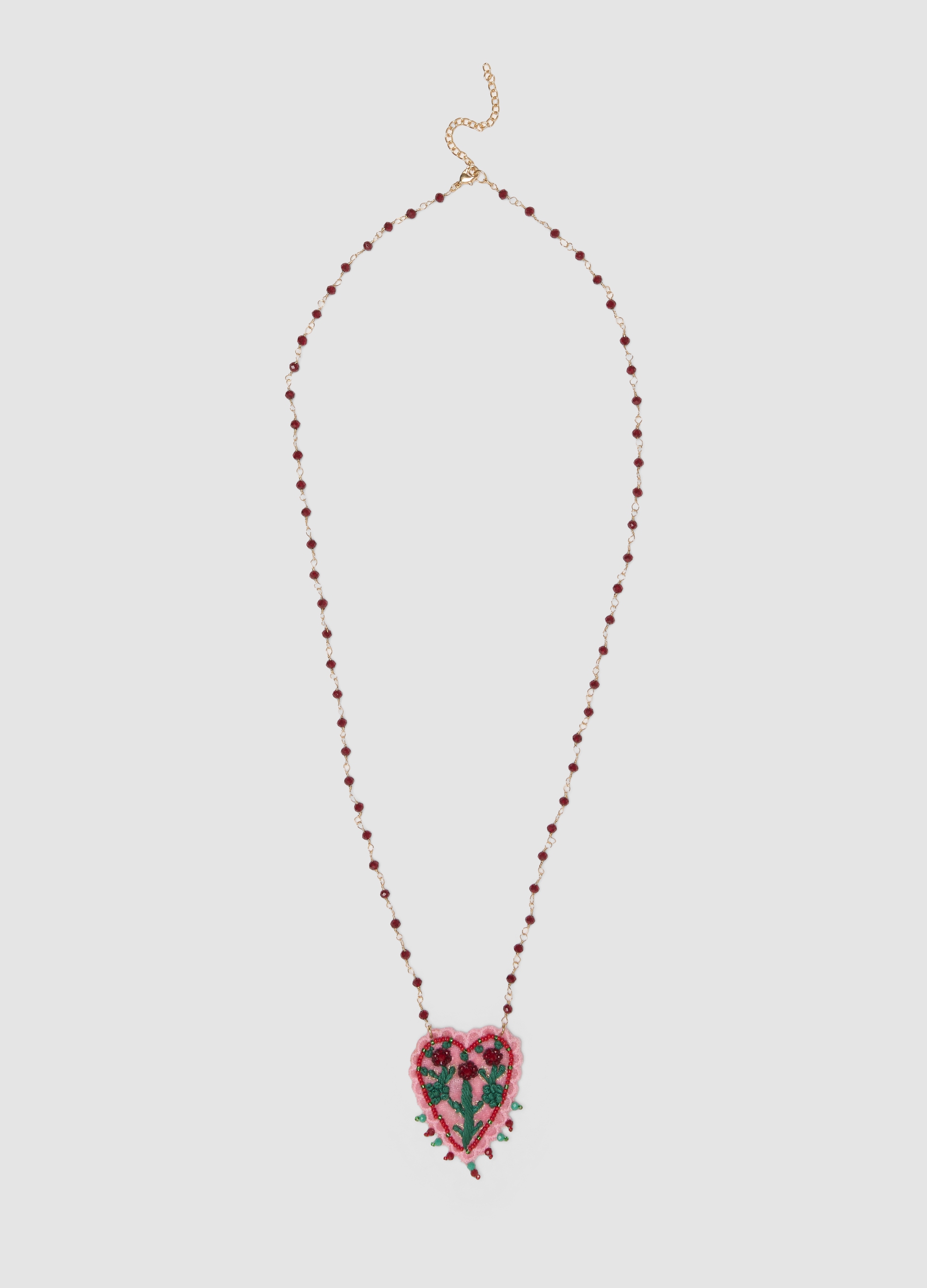 OVS, Collana Rosa Con Ciondolo A Cuore Ricamato, Donna, Rosa, Taglia: ONE SIZE