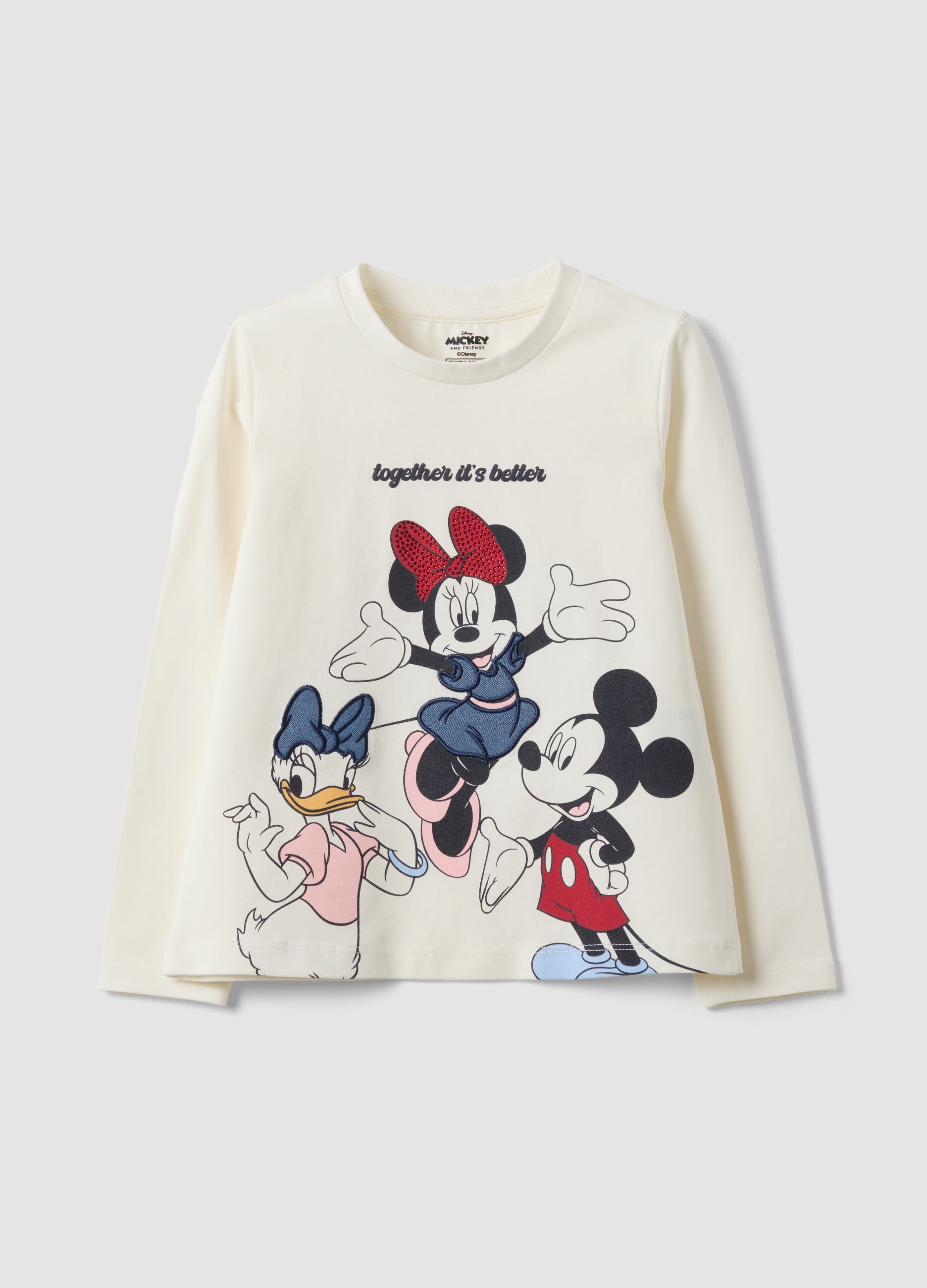 DISNEY, T-shirt Bianca In Cotone Elasticizzato Con Stampa Minnie Per Bambina, Bianco, Taglia: 6-7