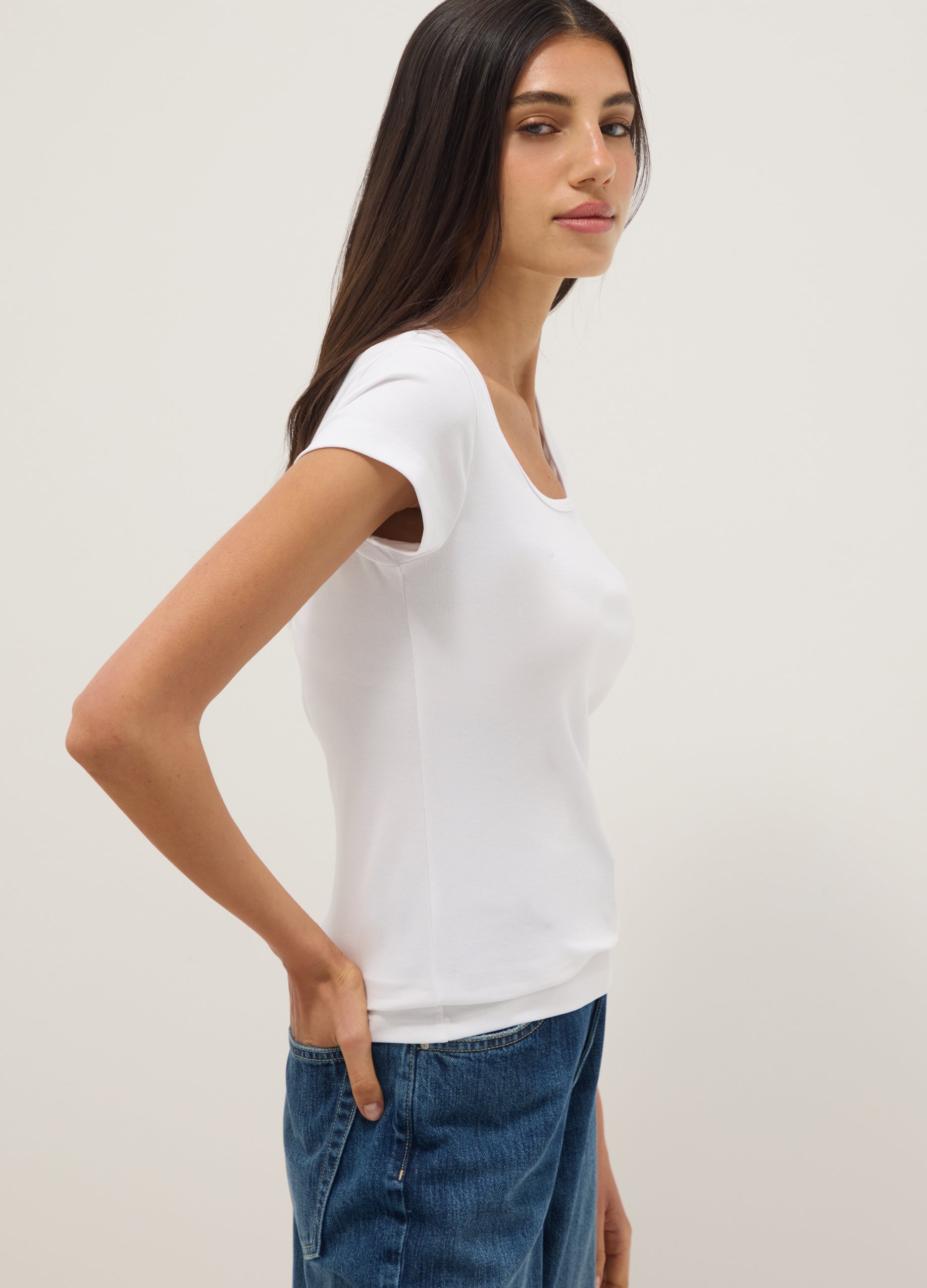 OVS, T-shirt Fitted In Cotone Elasticizzato Arancione Con Scollo Quadrato, Donna, Arancione, Taglia: S