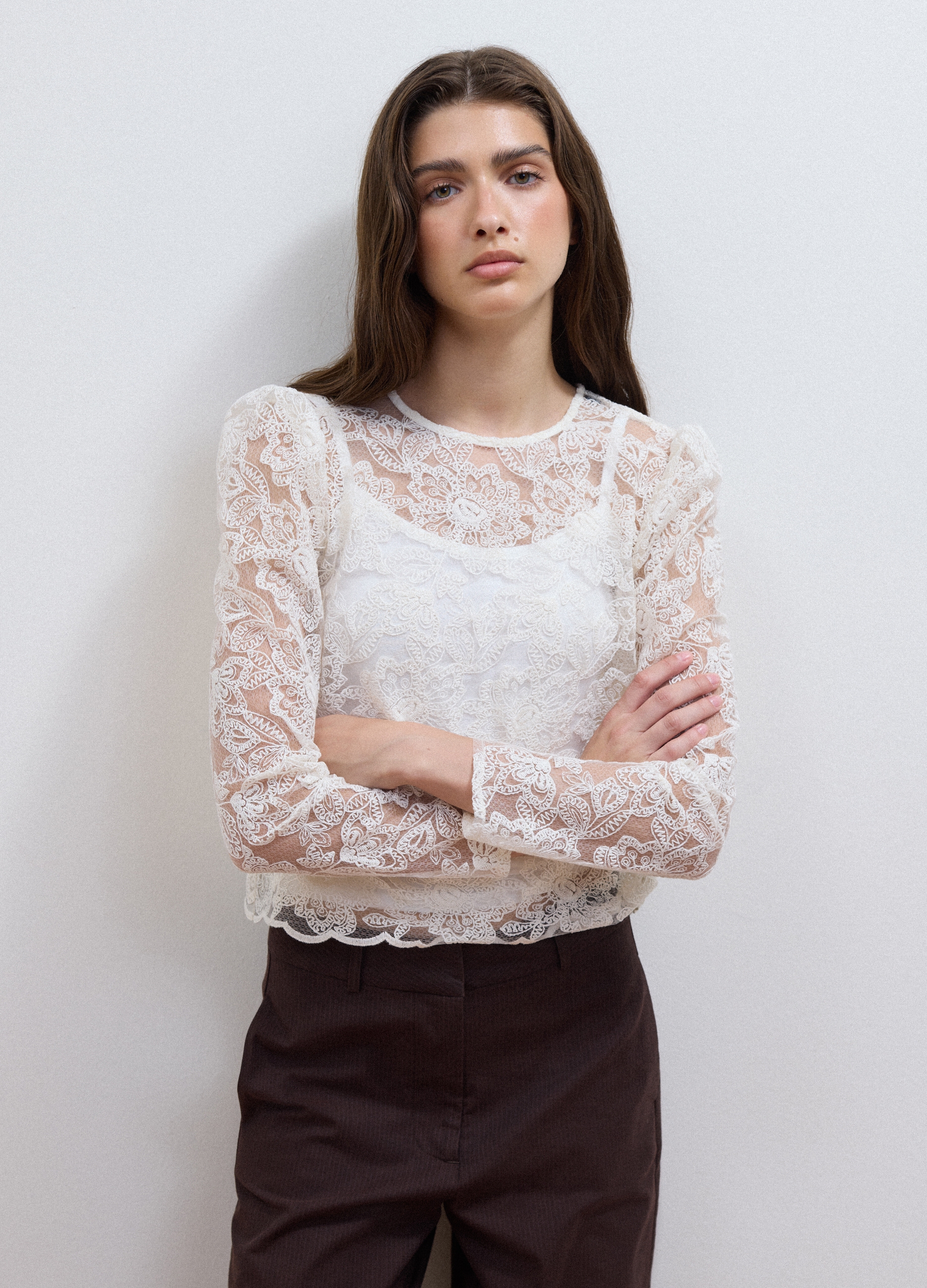 LES COPAINS, Blusa Bianca In Misto Cotone Con Pizzo Floreale Slim Fit, Donna, Bianco, Taglia: S