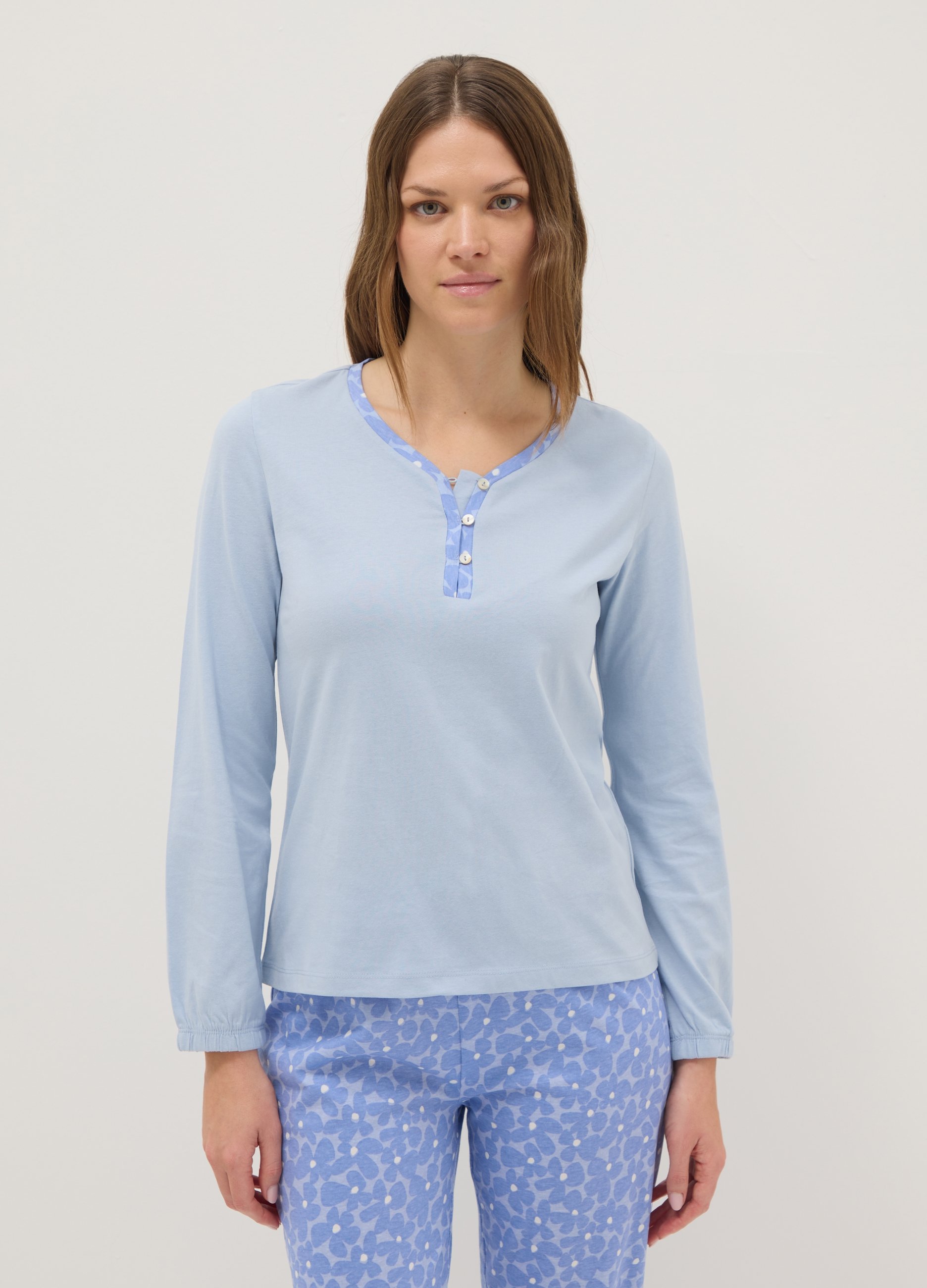 OVS, Maglia Notte Azzurra In Puro Cotone Regular Fit Con Scollo Serafino, Donna, Azzurro, Taglia: S