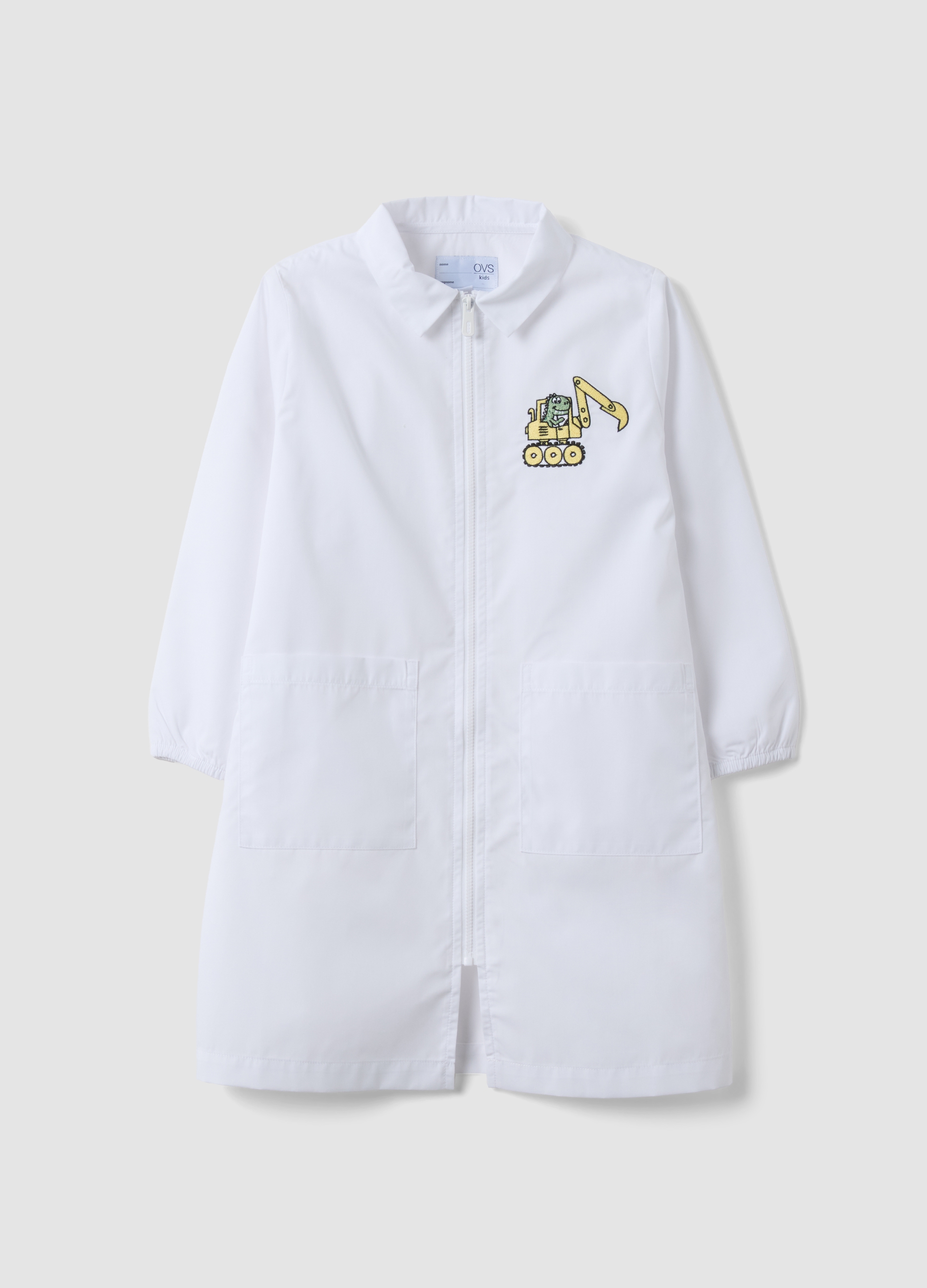 OVS KIDS, Grembiule Personalizzabile Bianco Per L'asilo Con Zip E Ricamo Dinosauro, Bambino, Bianco, Taglia: 4-5