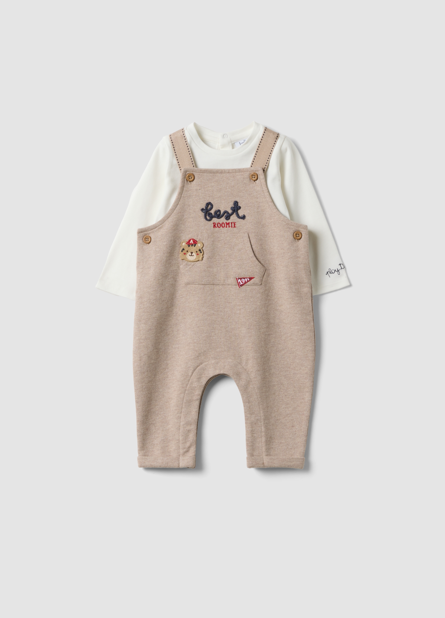FAGOTTINO, Completo Bianco E Beige In Puro Cotone Organico Con Salopette Per Neonato, Bianco, Taglia: 1-3
