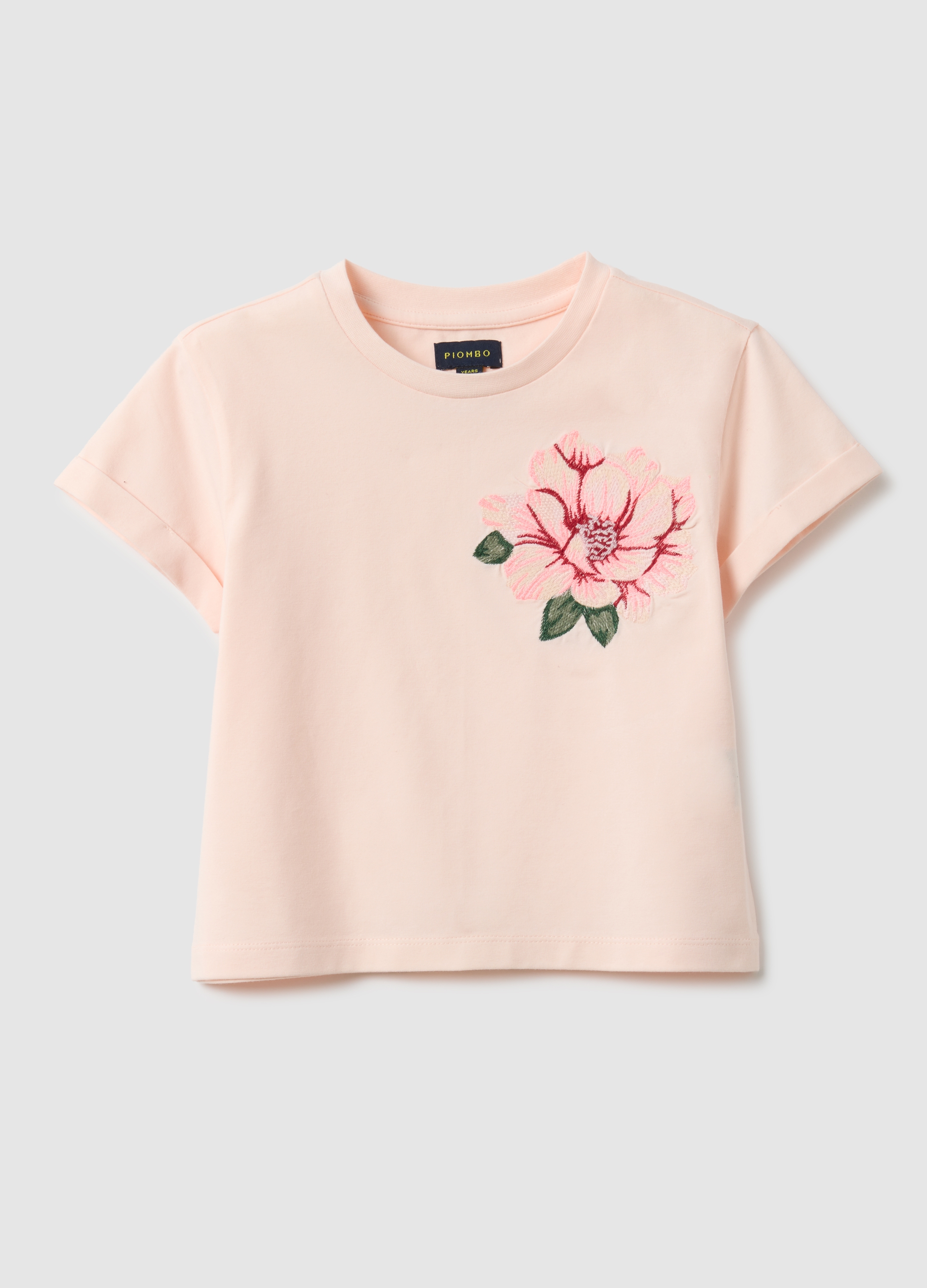 PIOMBO KIDS, Camiseta De Niña De Mezcla De Algodón Rosa, Ajuste Regular Con Bordado Floral, Niña, Rosa Claro, Talla: 6