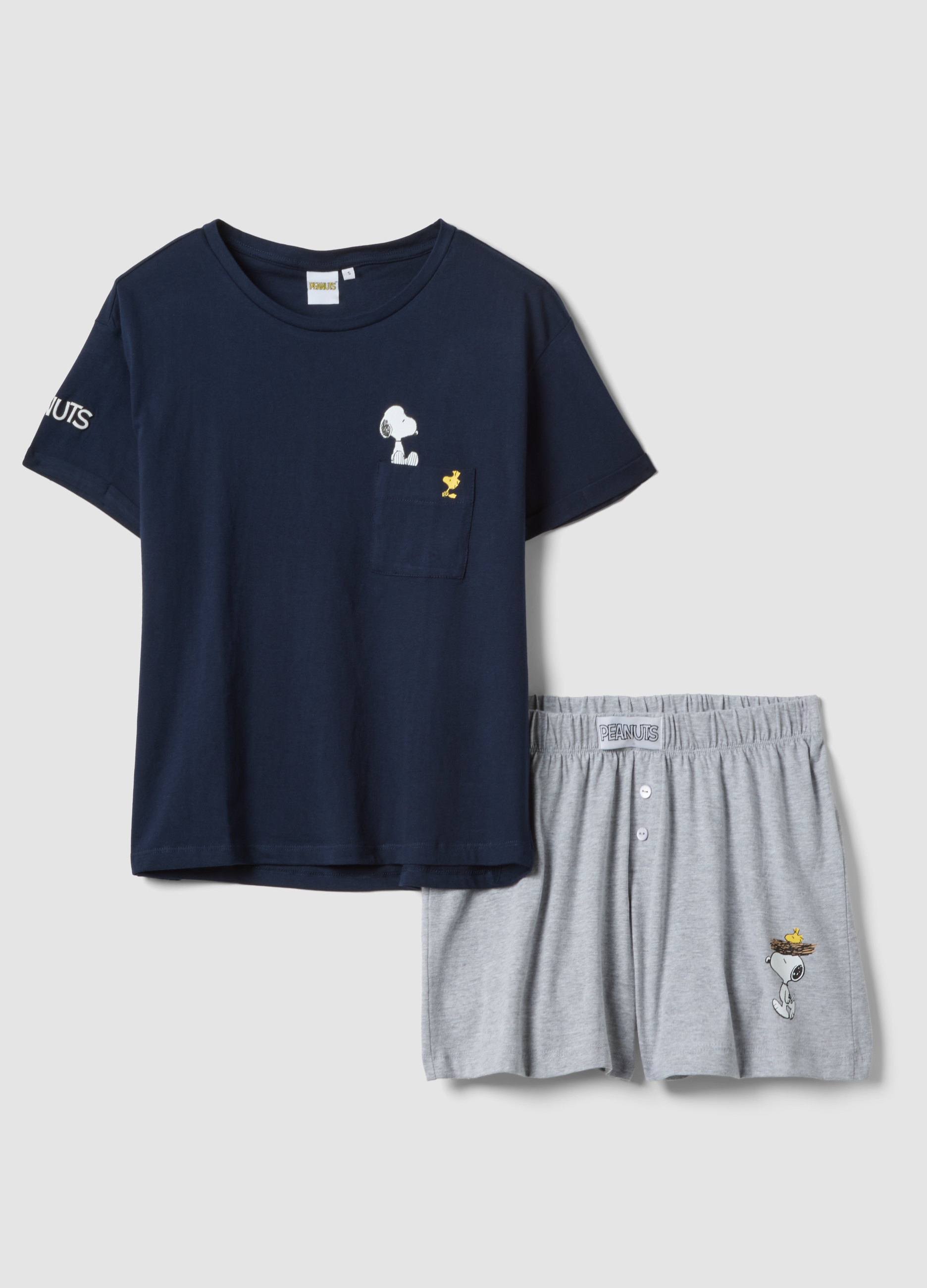PEANUTS, Pijama Corto Azul Y Gris De Algodón Puro Con Estampado Peanuts, Mujer, Azul/gris, Talla: XL