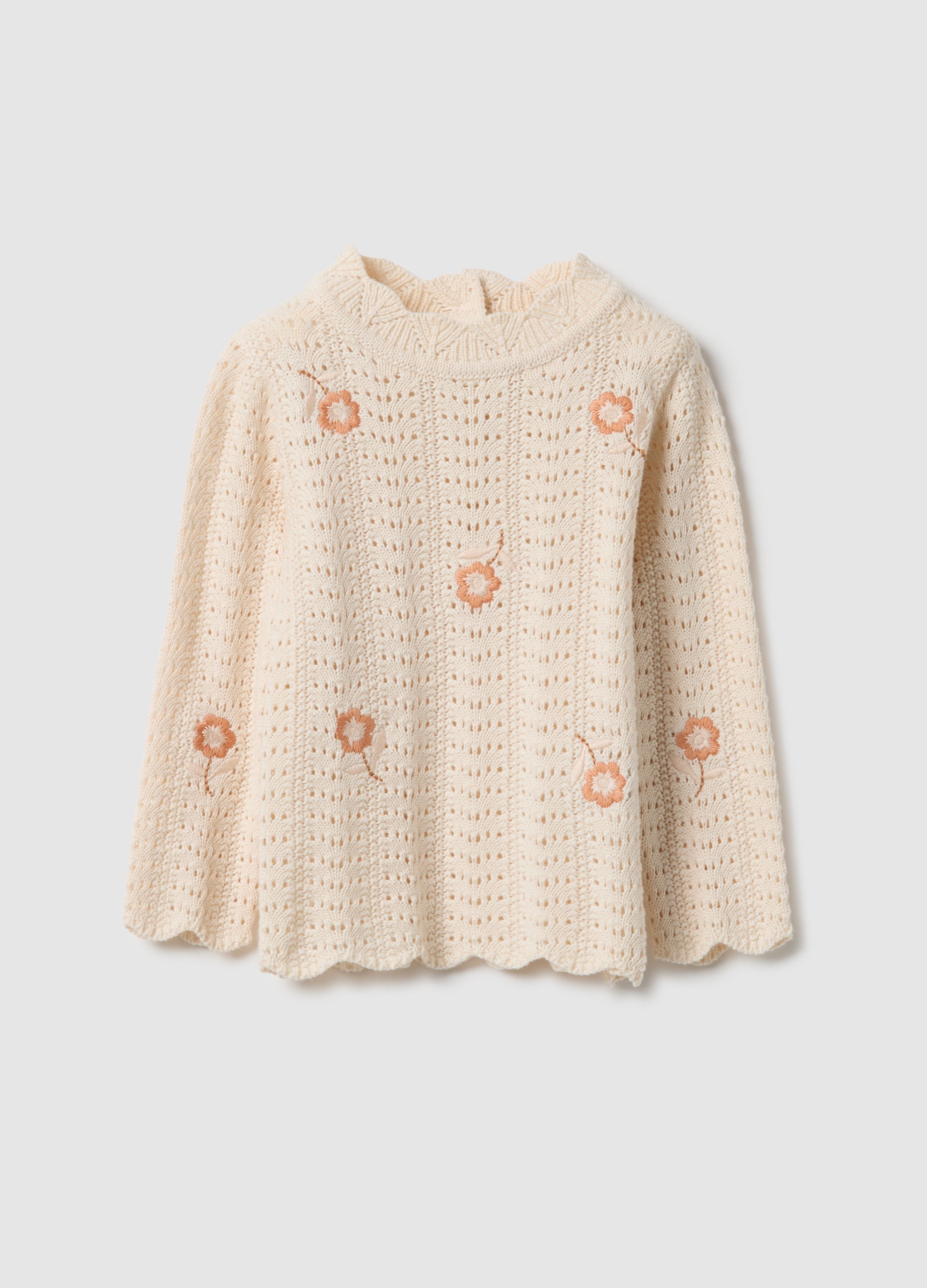 FAGOTTINO, Suéter Perforado De Algodón Puro Beige Para Niñas, Ajuste Regular Con Bordados, Niña, Beige Oscuro, Talla: 18-24