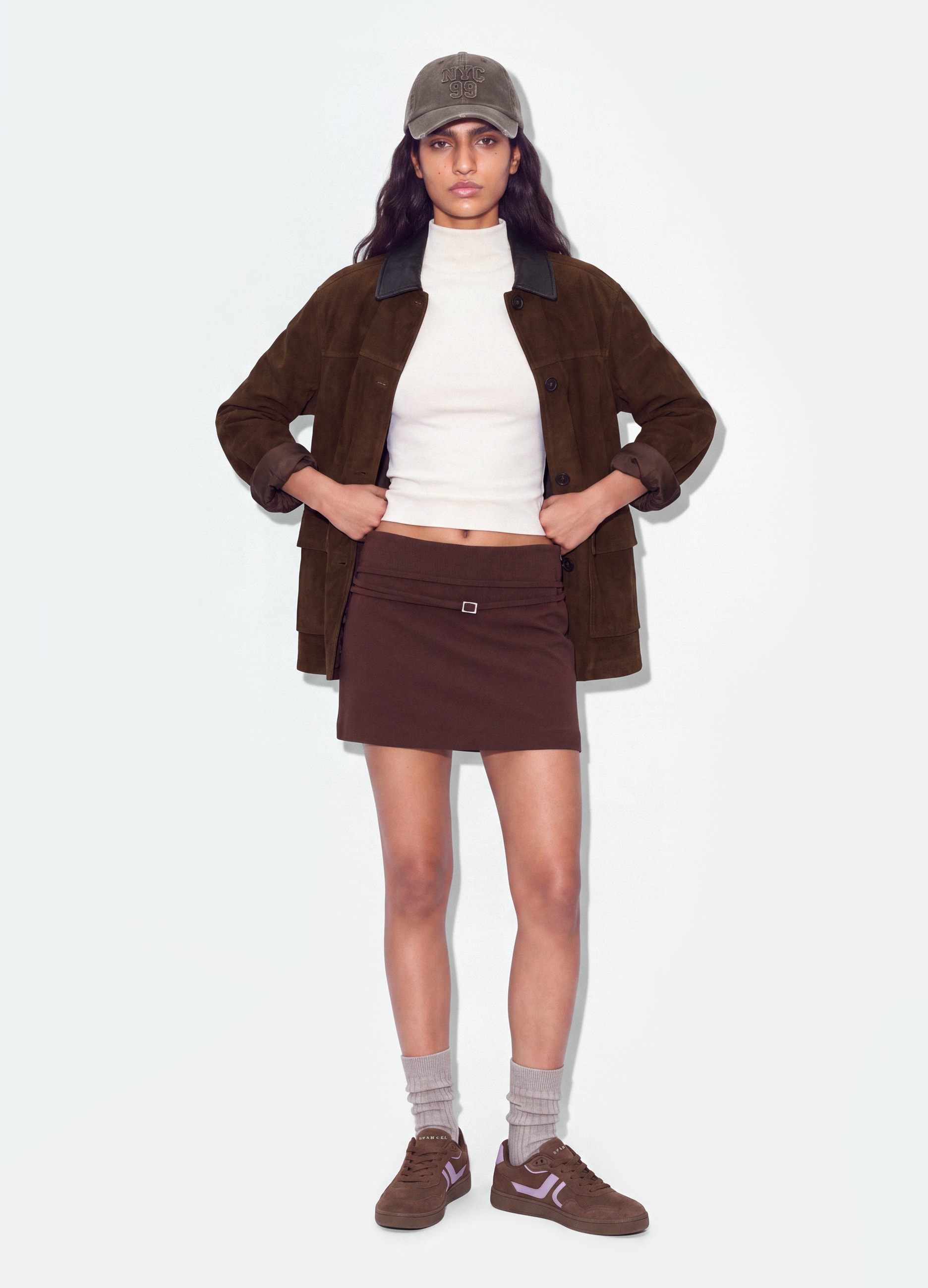 B.ANGEL, Mini Gonna Marrone In Viscosa Elasticizzata Con Cintura, Donna, Marrone, Taglia: XS