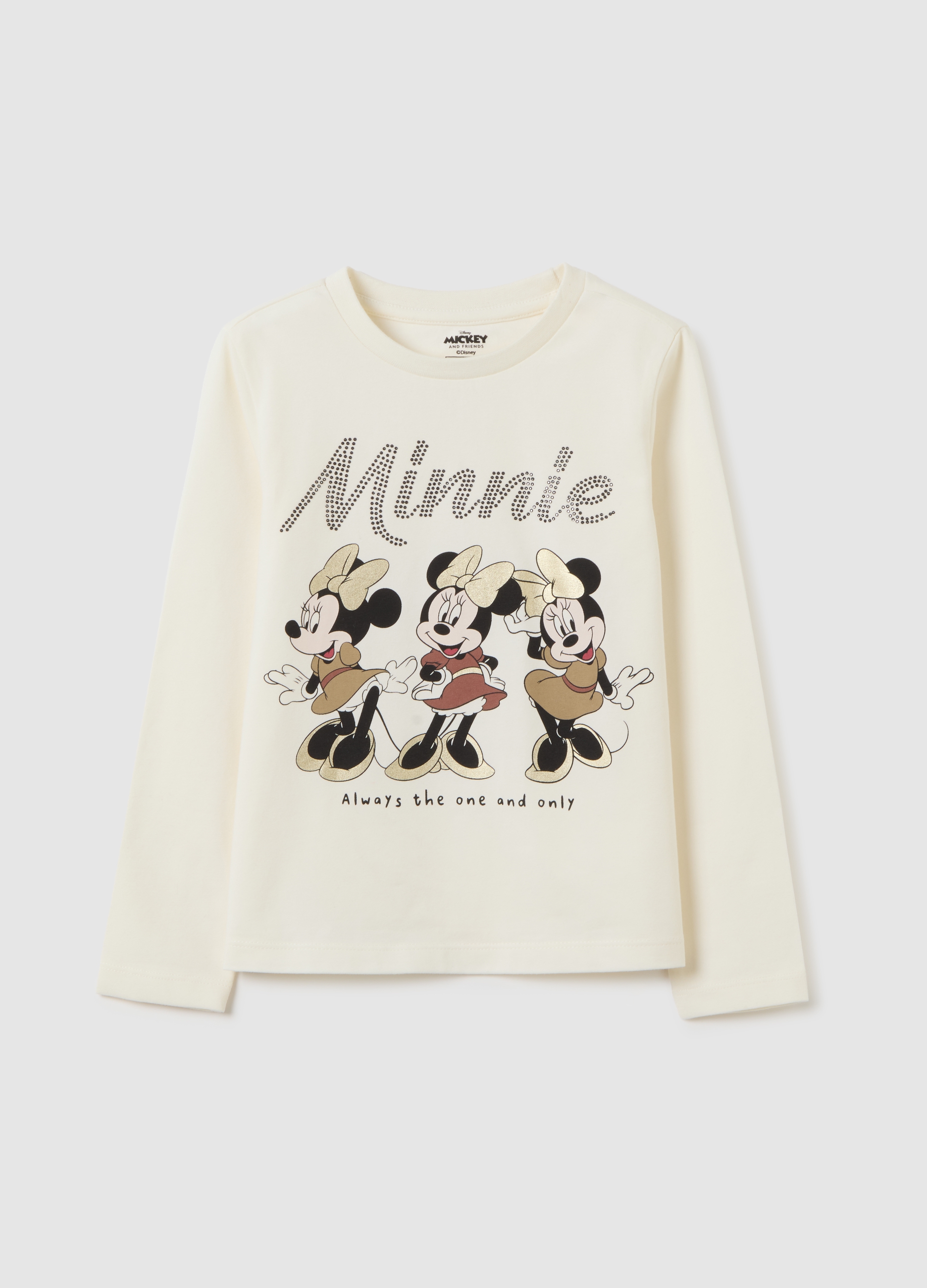 DISNEY, Maglietta Da Bambina In Misto Cotone Beige Regular Fit Con Minnie, Beige, Taglia: 6-7