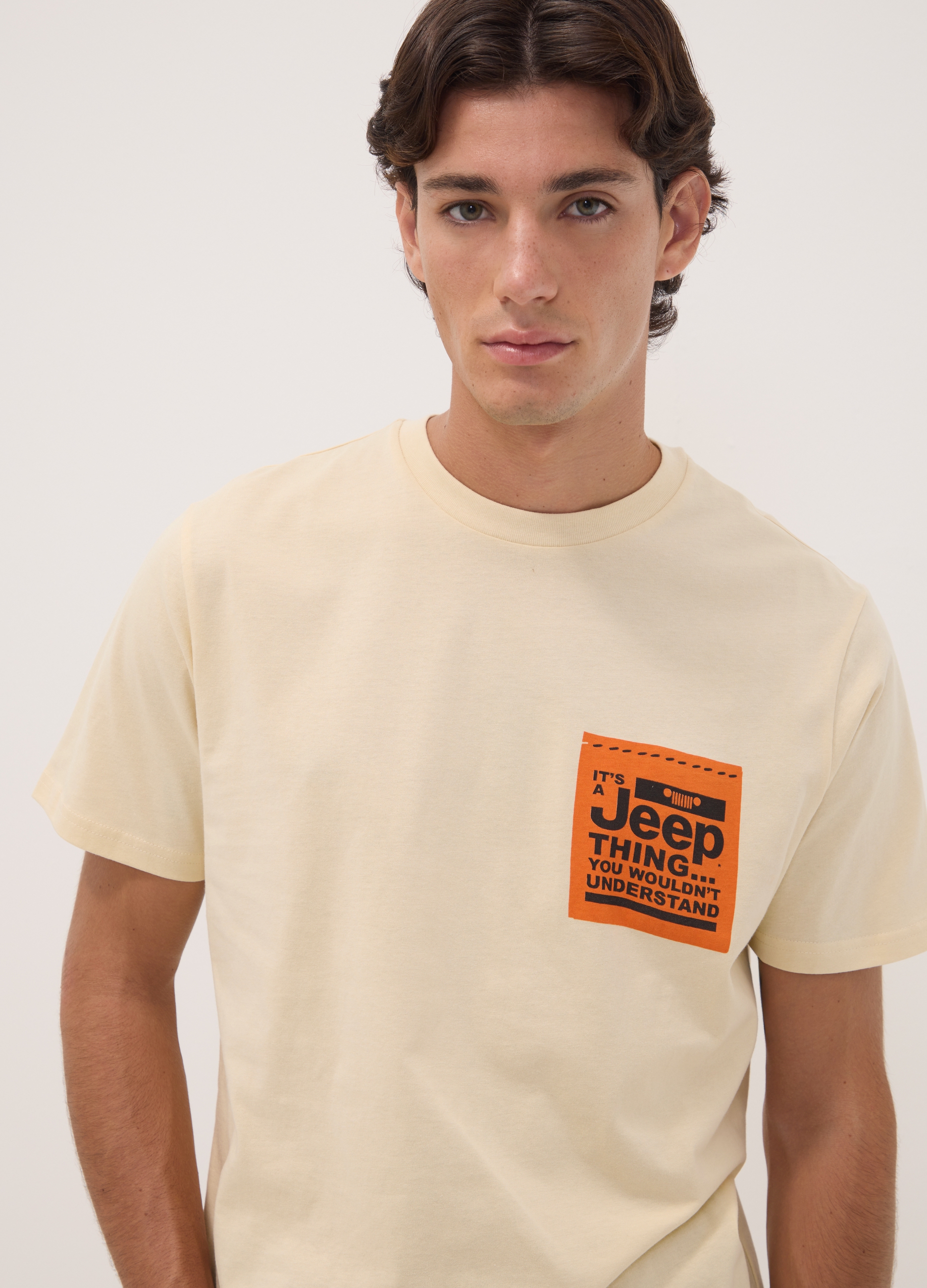 JEEP, T-shirt Beige In Puro Cotone Con Girocollo E Stampa Jeep, Uomo, Beige, Taglia: S