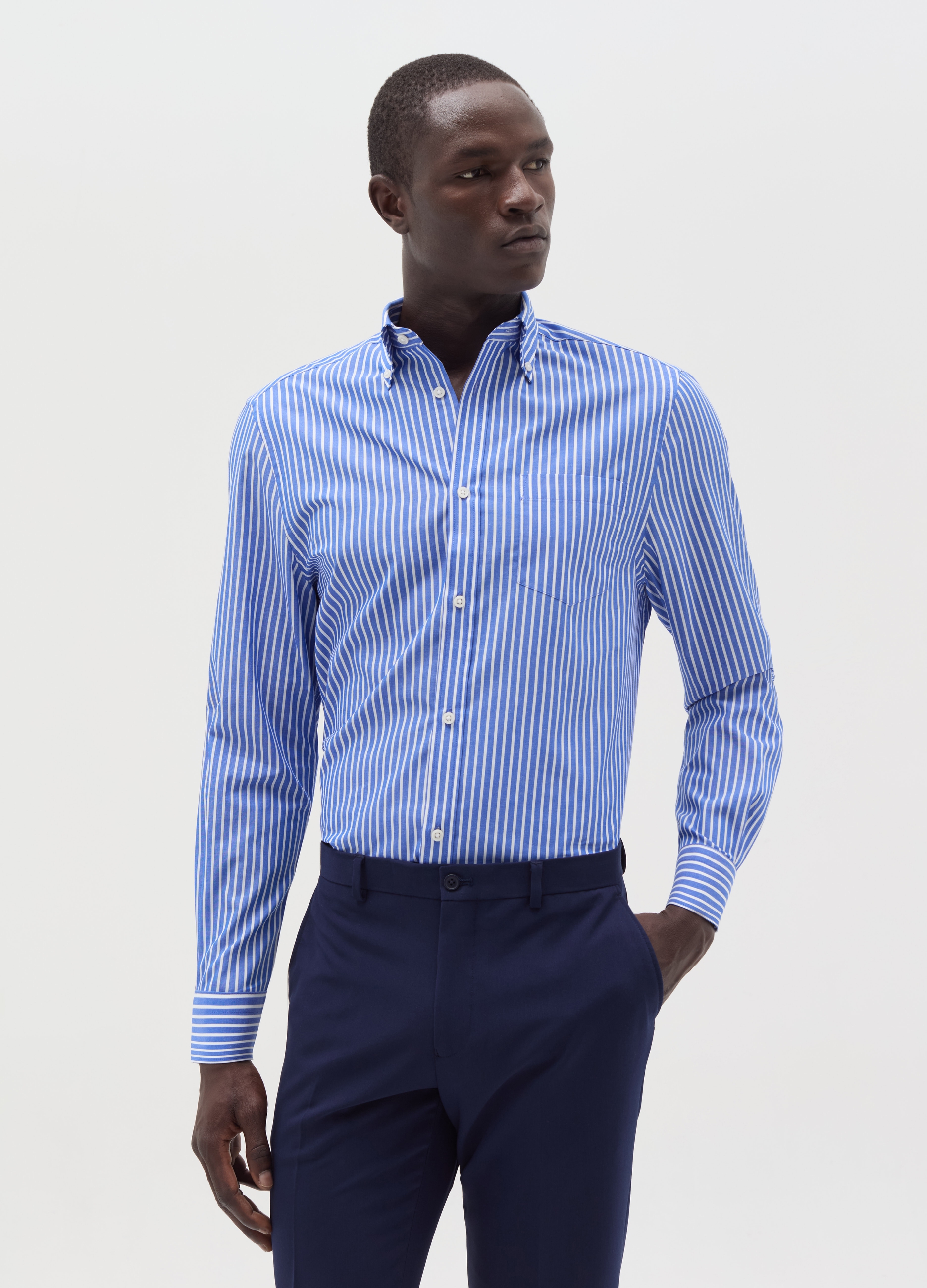 Camisa Regular Fit De Rayas, Hombre, Azul/Blanco, Talla: 42