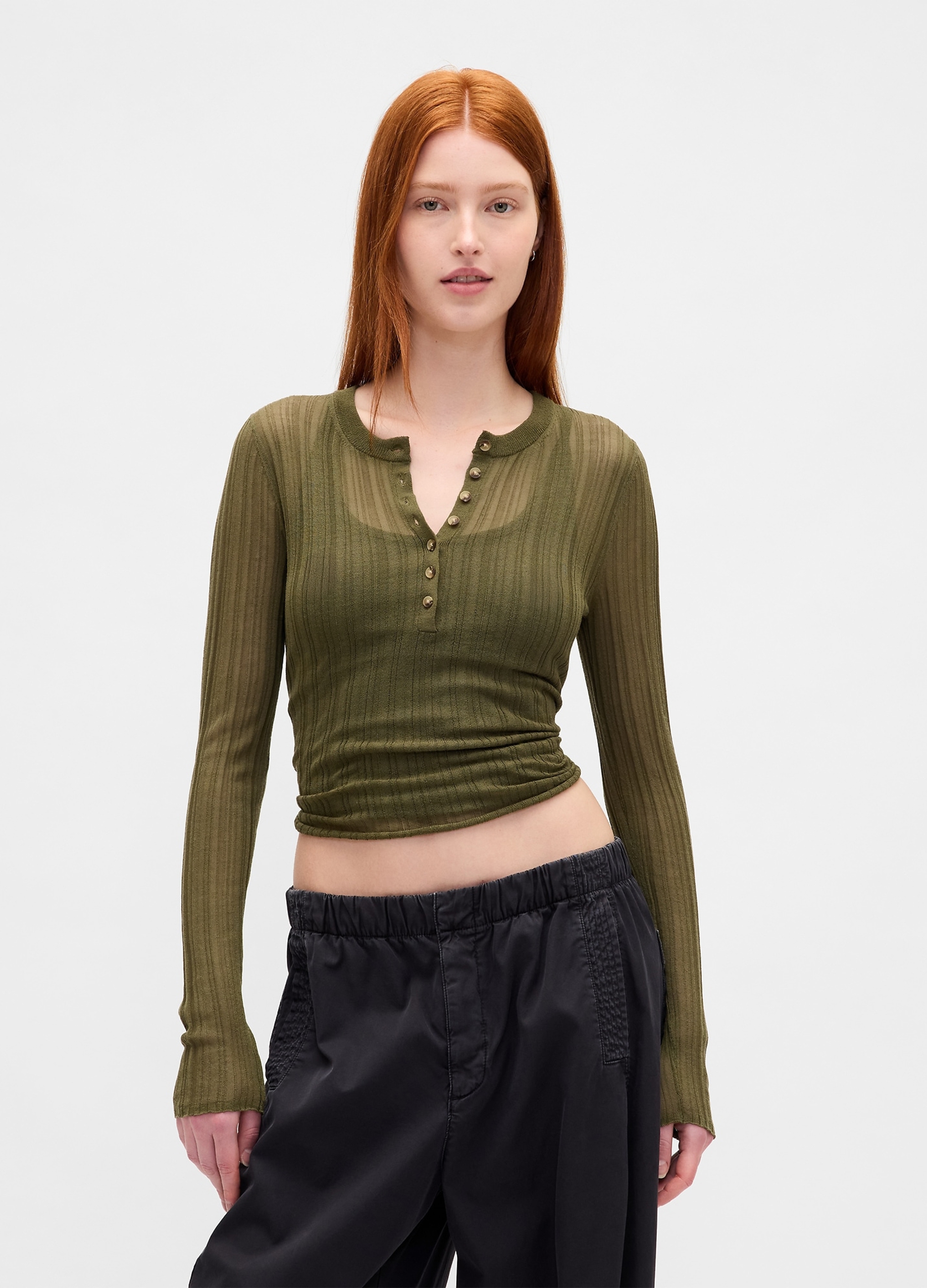 GAP, Maglia Con Bottoni E Trasparenze A Maniche Lunghe, Donna, Verde, Taglia: M