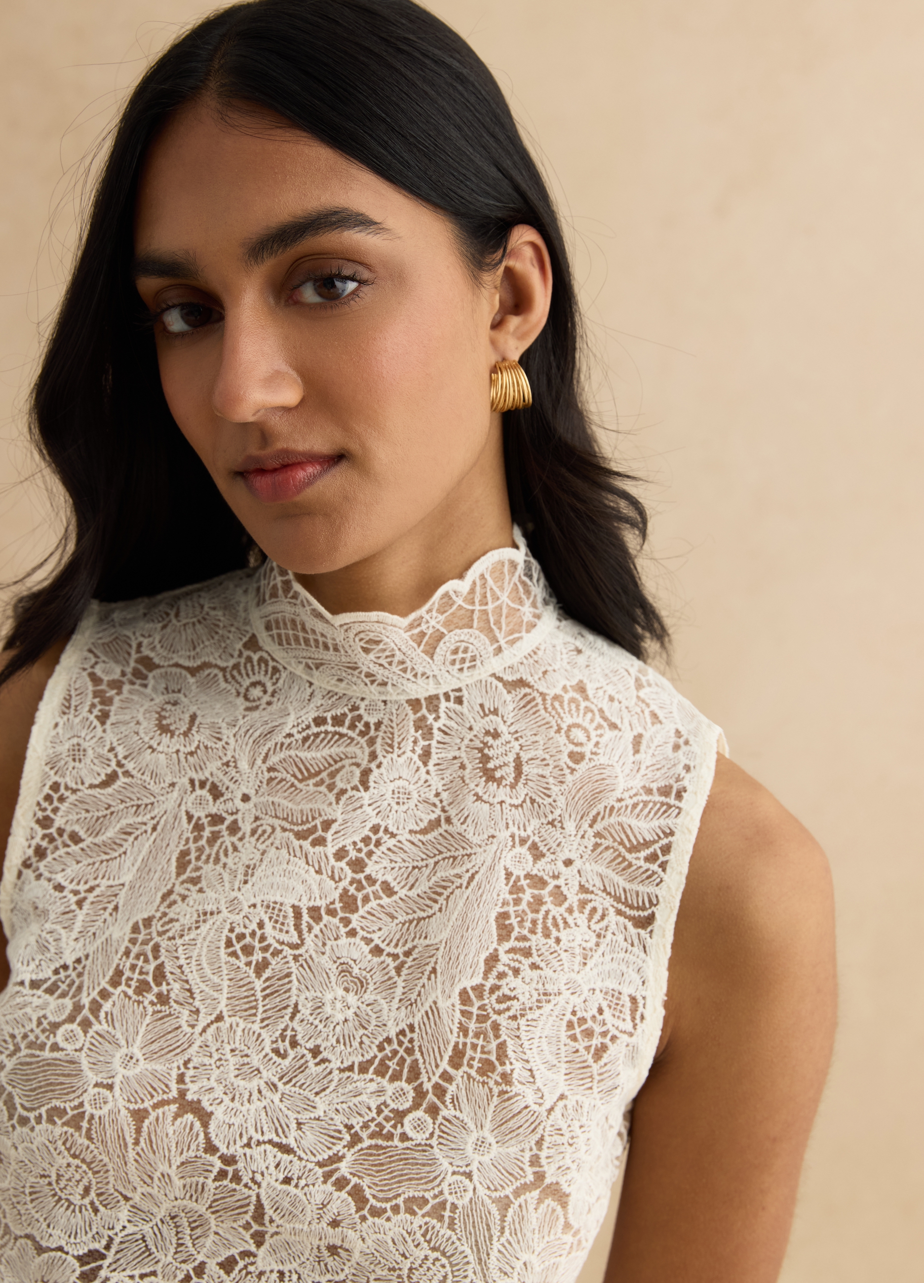 LES COPAINS, Camicia Bianco In Misto Cotone Con Pizzo, Mujer, Beige, Talla: 34