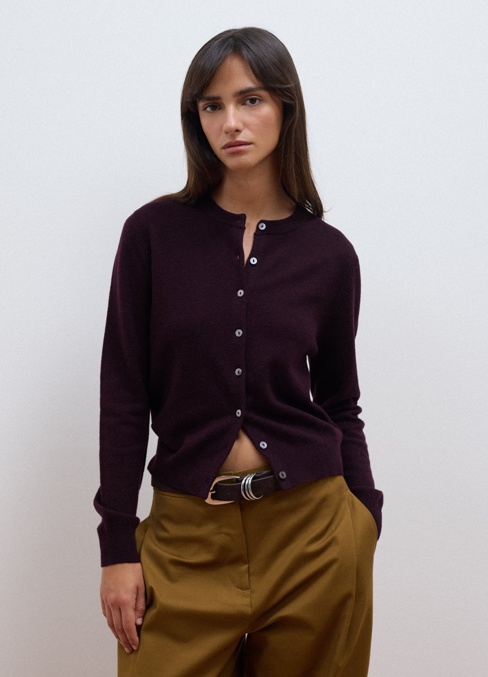 LES COPAINS, Cardigan Viola In Pura Lana Con Girocollo E Bottoni Regular Fit, Donna, Viola, Taglia: S