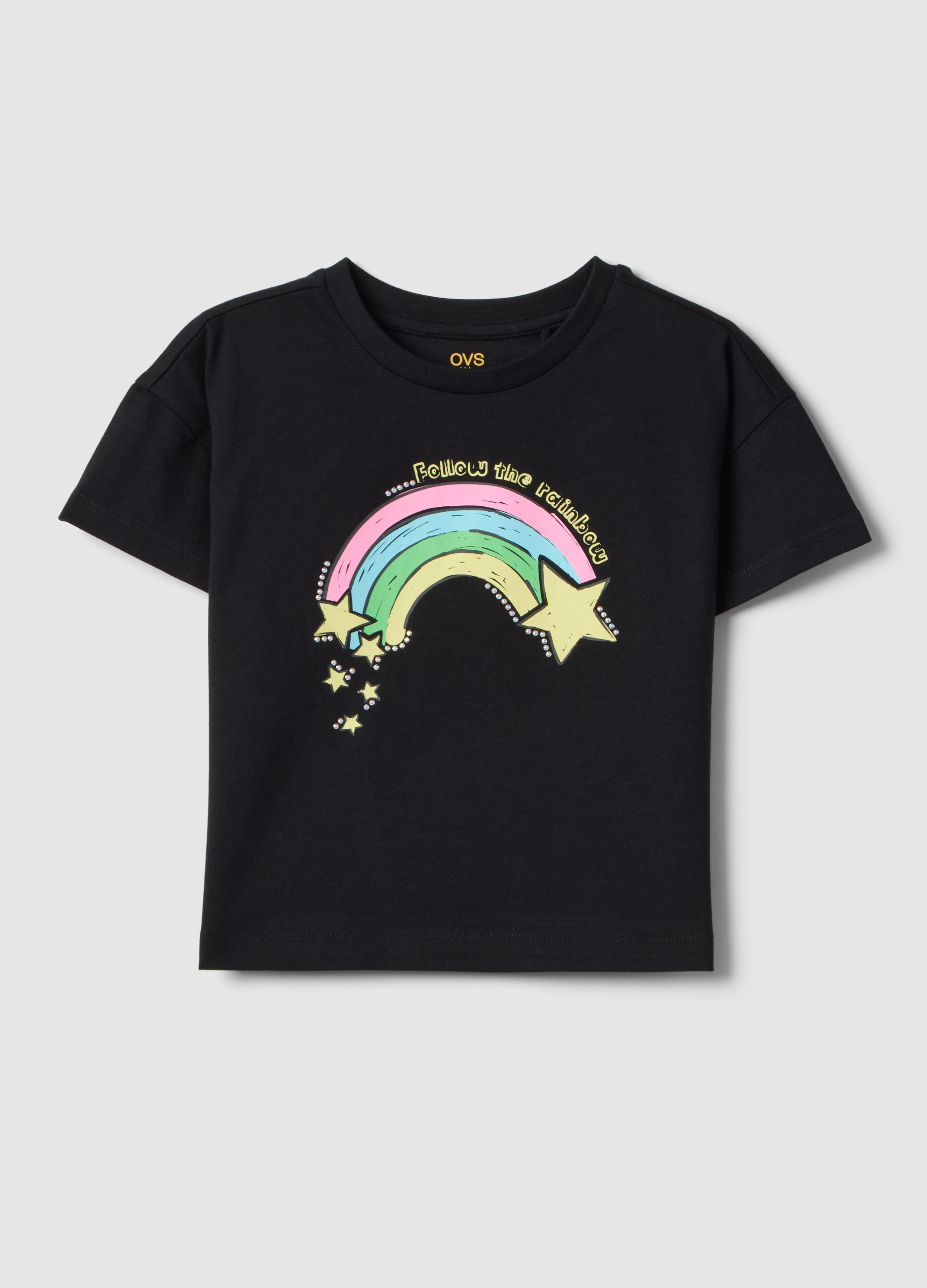 OVS KIDS, Camiseta Negra De Niña En Algodón Puro Ajuste Regular Con Arcoíris, Niña, Gunmetal, Talla: 6-7
