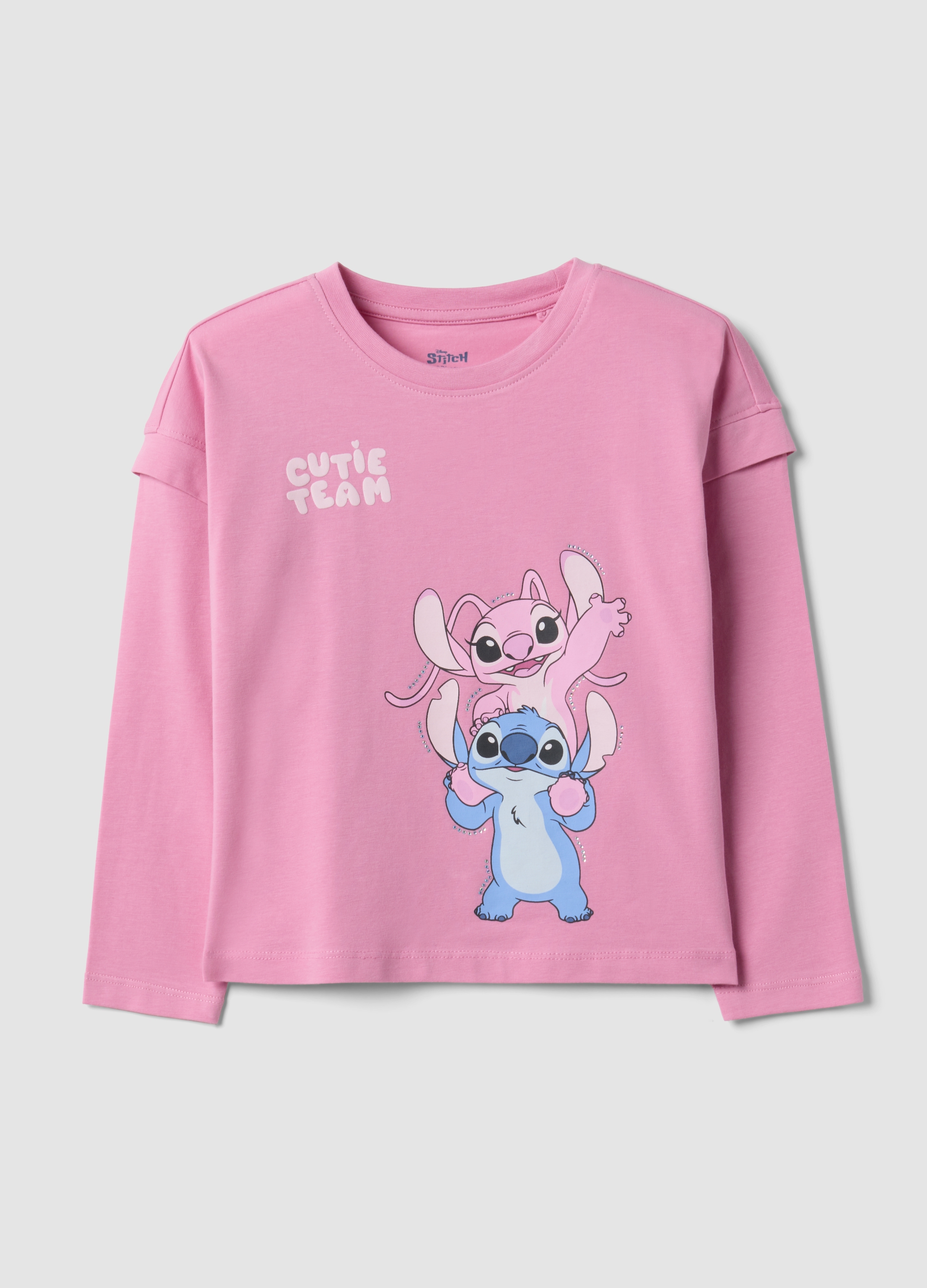 DISNEY, T-shirt Rosa In Cotone Elasticizzato Con Stampa Lilo & Stitch Per Bambina, Rosa, Taglia: 6-7