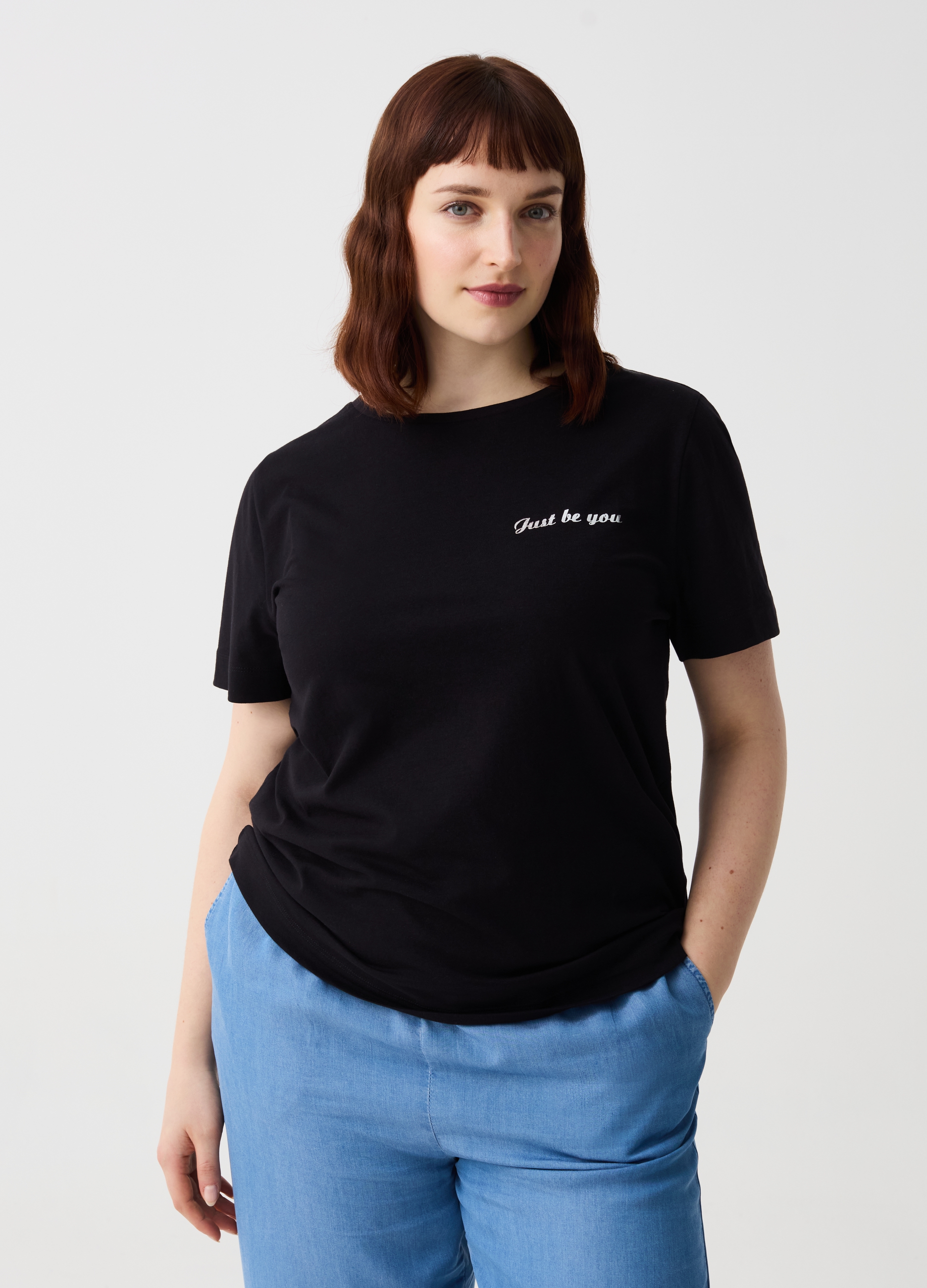 OVS, T-shirt Essential Con Stampa Lettering Curvy, Donna, Nero, Taglia: S