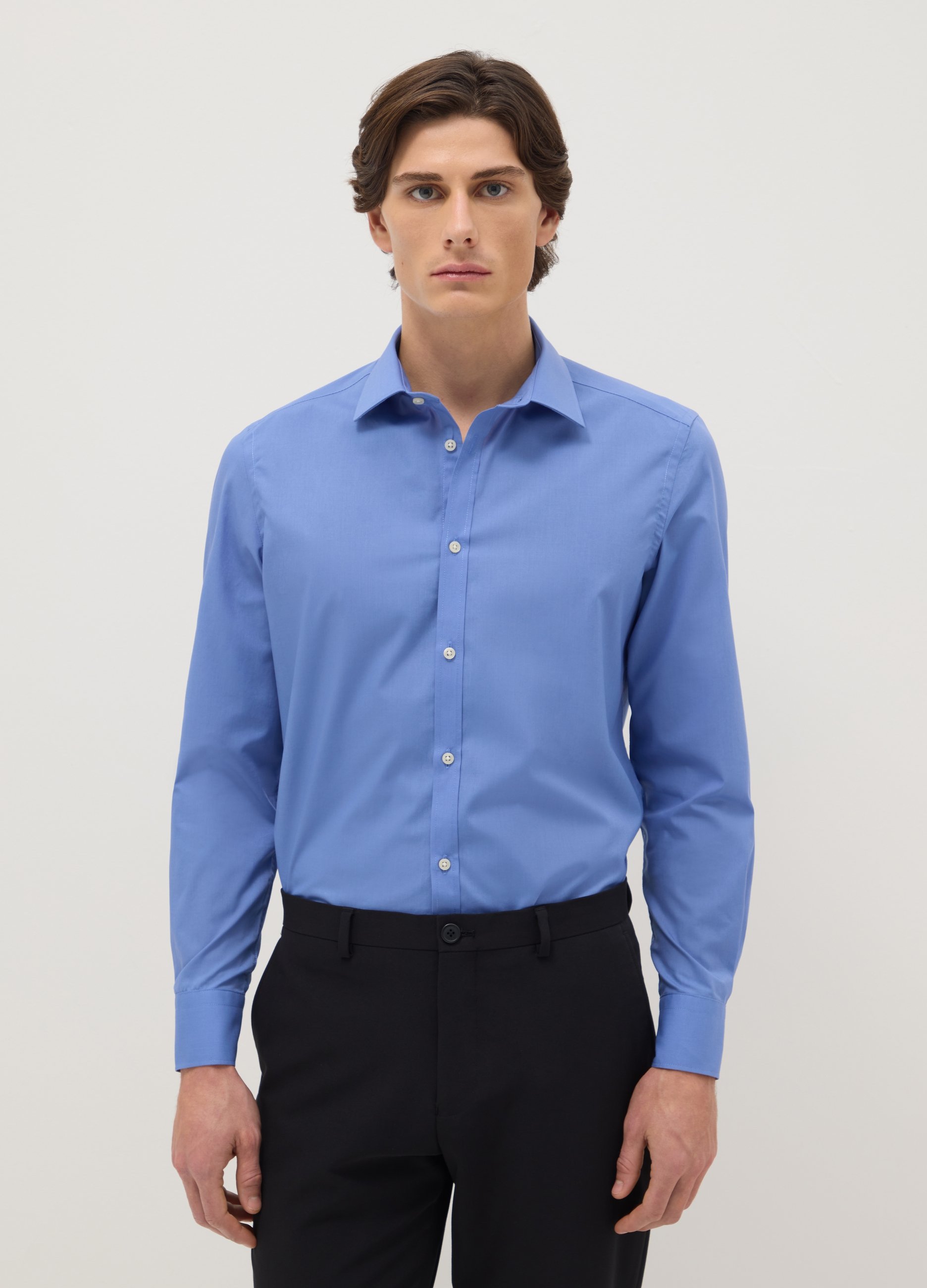 Camisa Slim Fit Azul Claro De Mezcla De Algodón Fácil De Planchar, Hombre, Azul oscuro, Talla: 40