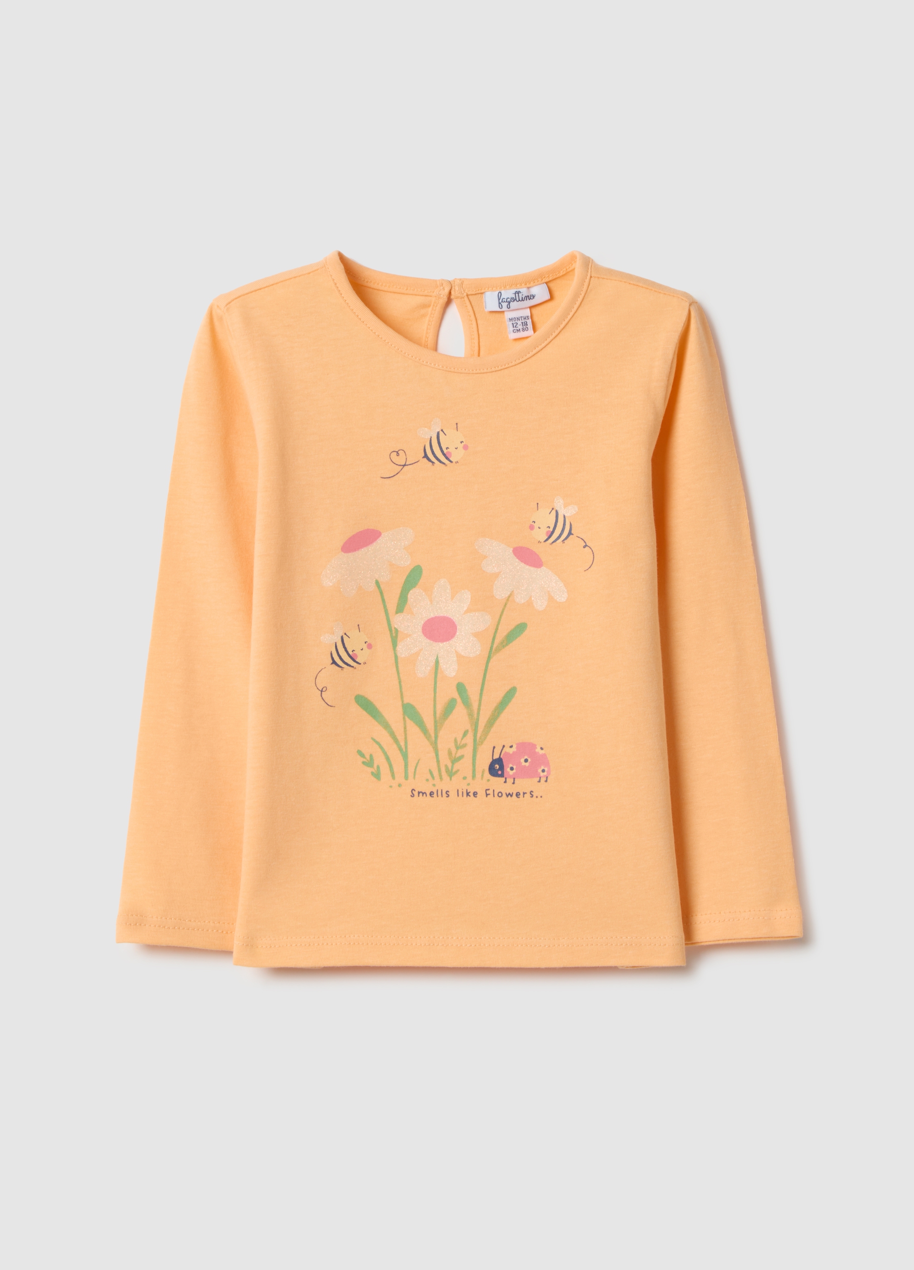 FAGOTTINO, Camiseta De Niña De Manga Larga De Algodón Puro Naranja Con Estampados, Niña, Naranja Melocotón, Talla: 24-30