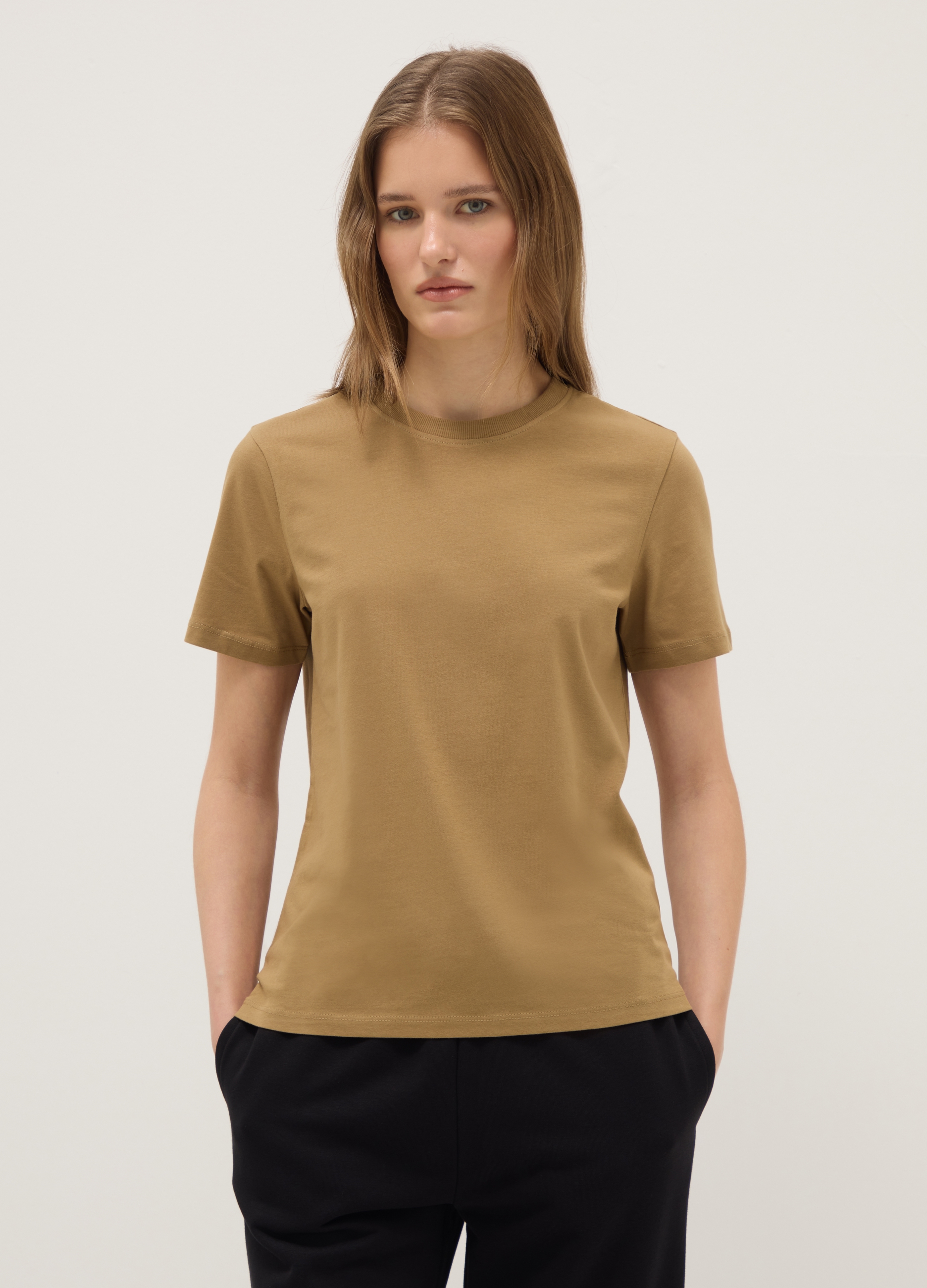 Camiseta Marrón De Algodón Puro De Corte Regular, Mujer, Marrón claro, Talla: 40