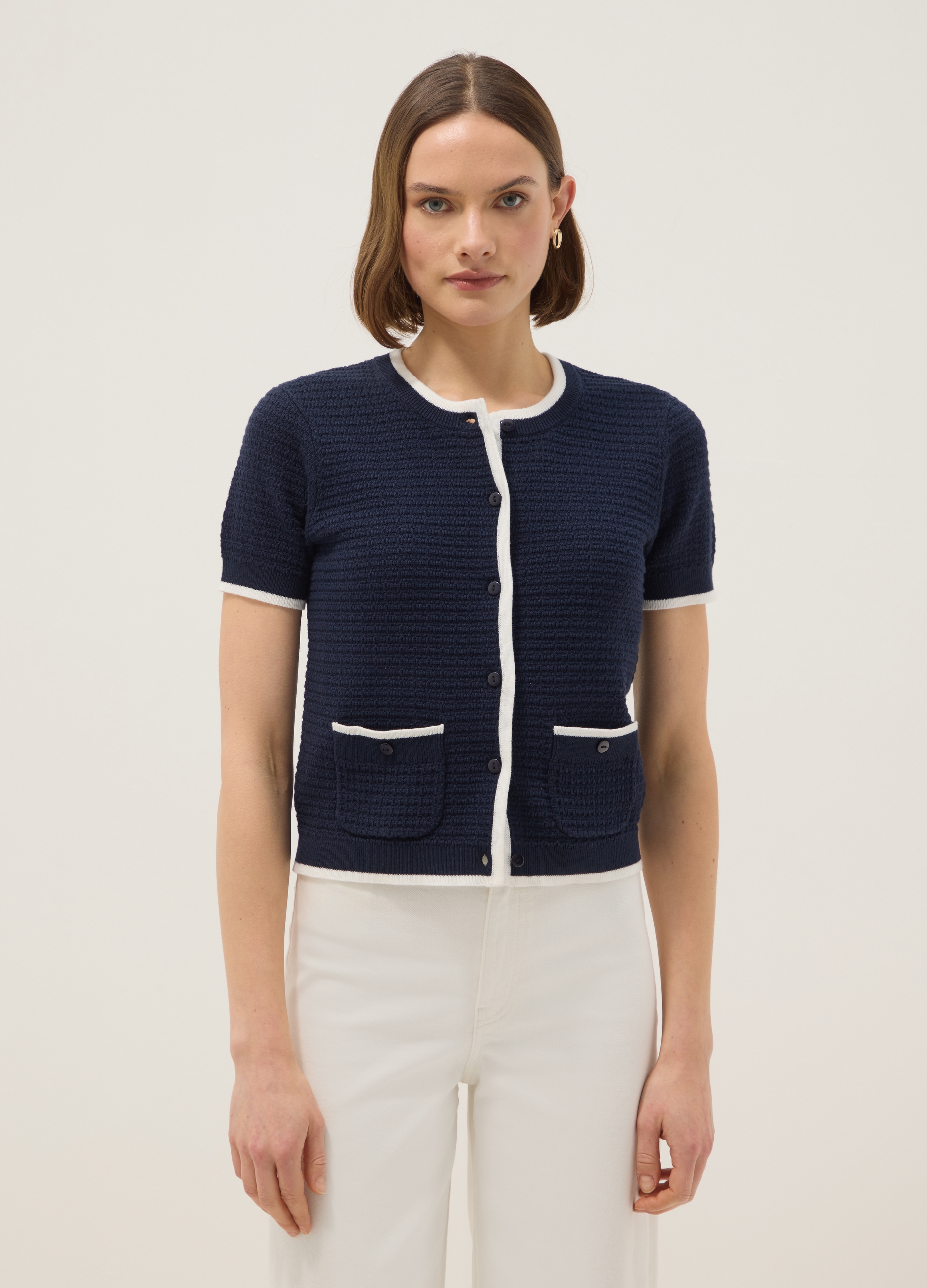 Cárdigan Azul De Algodón Puro Regular Fit Con Botones, Mujer, Azul/Blanco, Talla: 38
