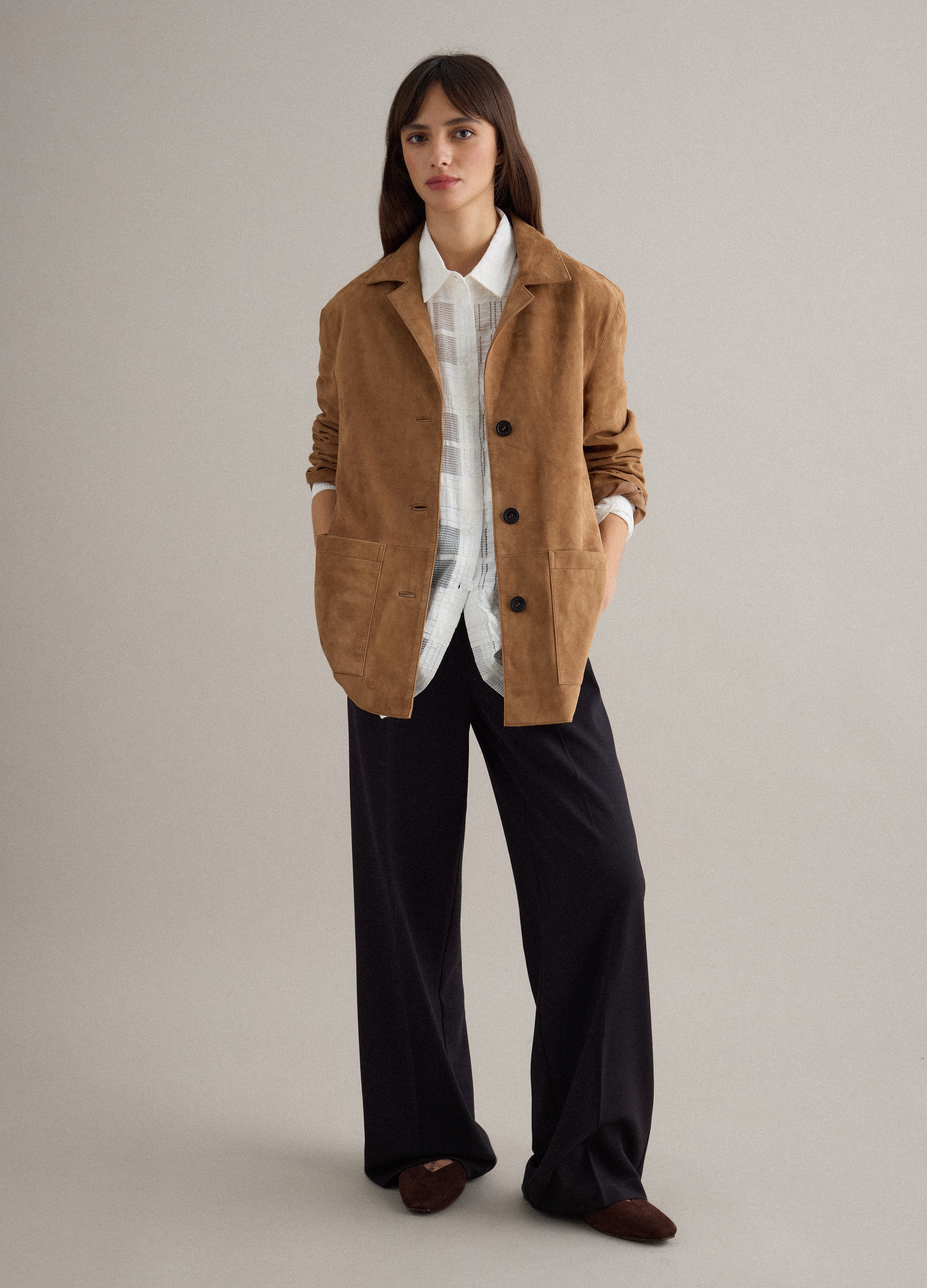 PIOMBO, Blazer De Piel Auténtica Marrón Con Ajuste Regular Y Botones, Mujer, Marrón claro, Talla: 42