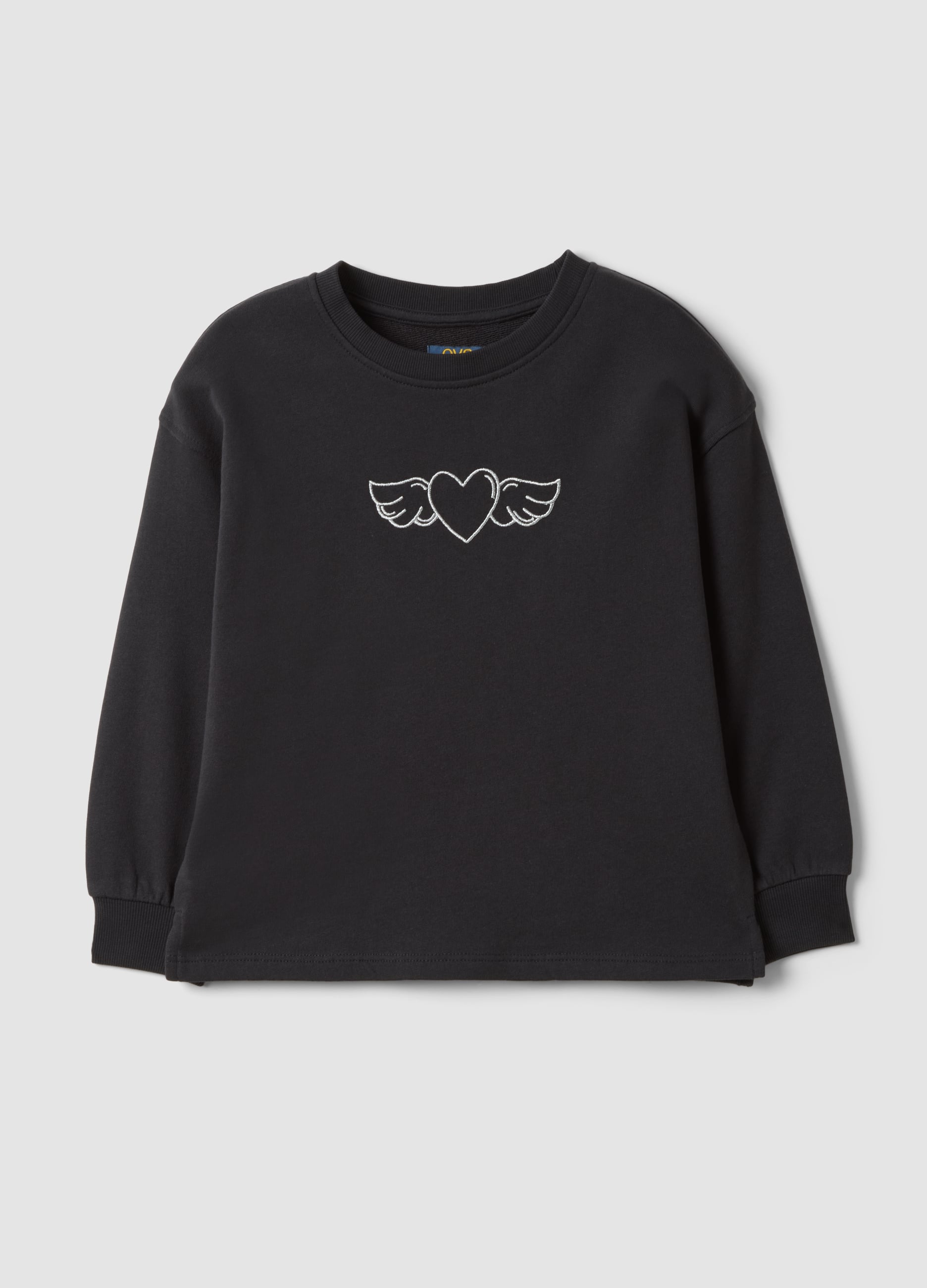 OVS KIDS, Felpa Nera In Puro Cotone Con Girocollo E Stampa Cuori Per Bambina, Nero, Taglia: 9-10
