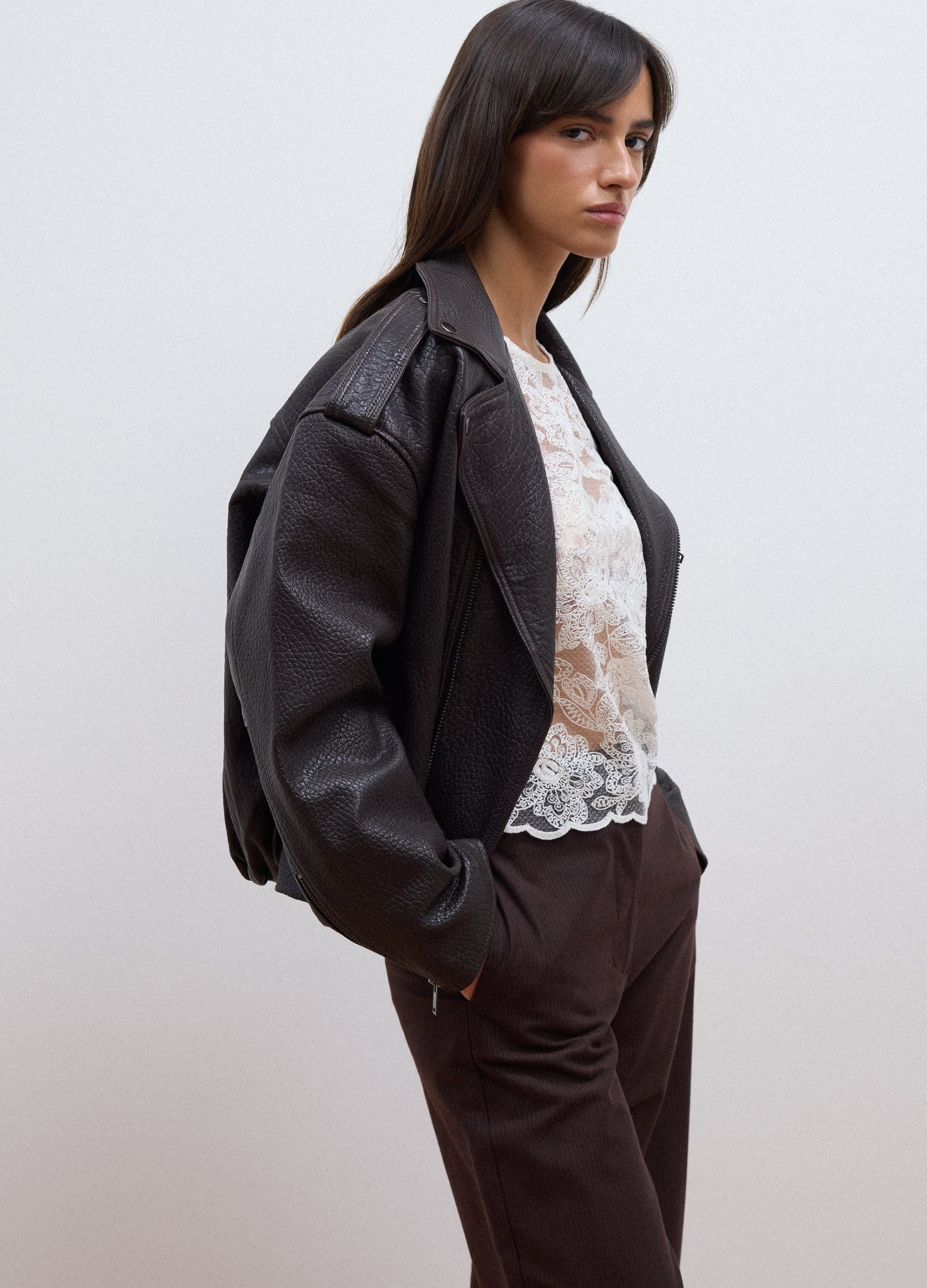 LES COPAINS, Giacca Biker Marrone In Vera Pelle Over Fit, Donna, Marrone, Taglia: XS/S