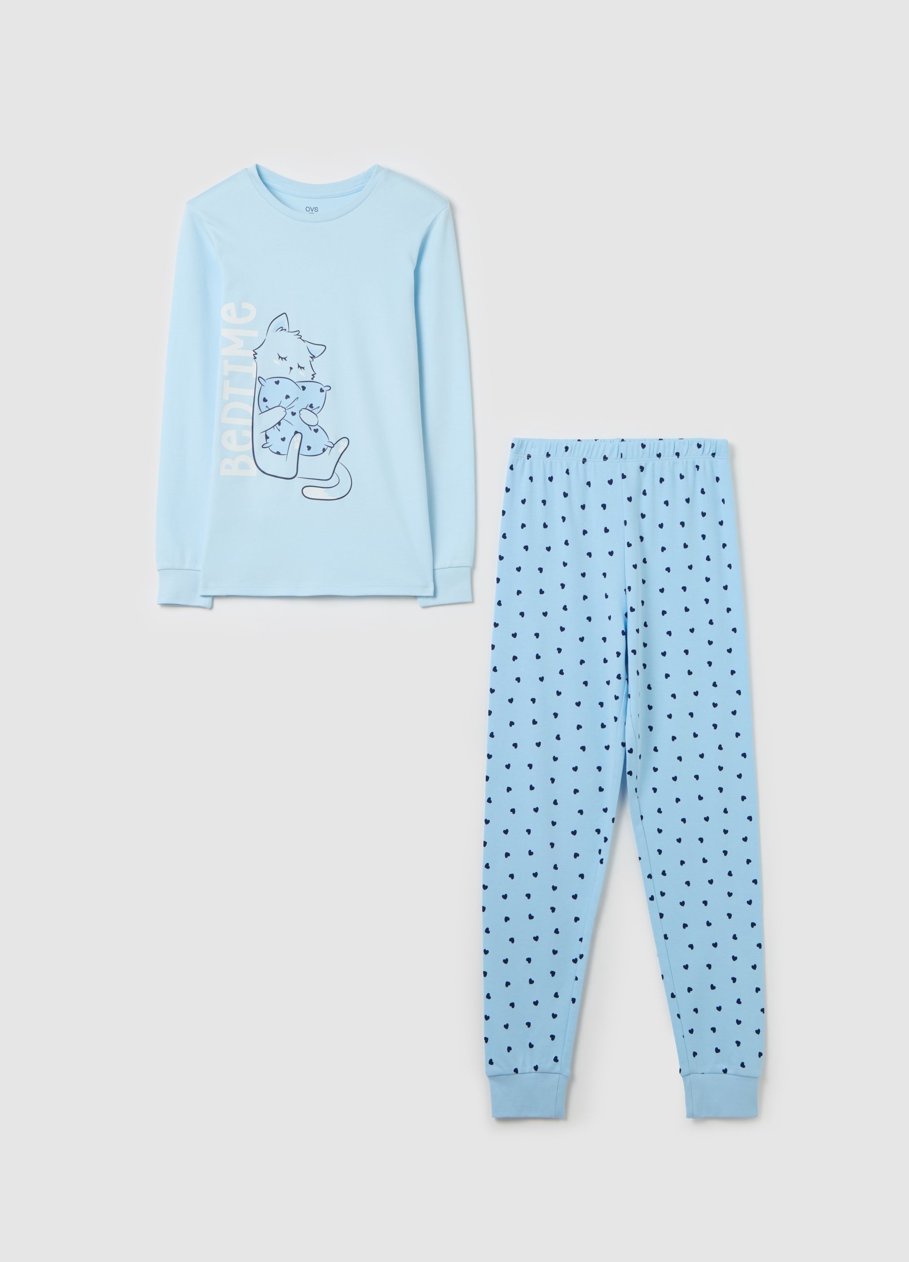 OVS KIDS, Pigiama In Cotone Bio Con Stampa "bedtime", Bambina, Azzurro, Taglia: 10-11