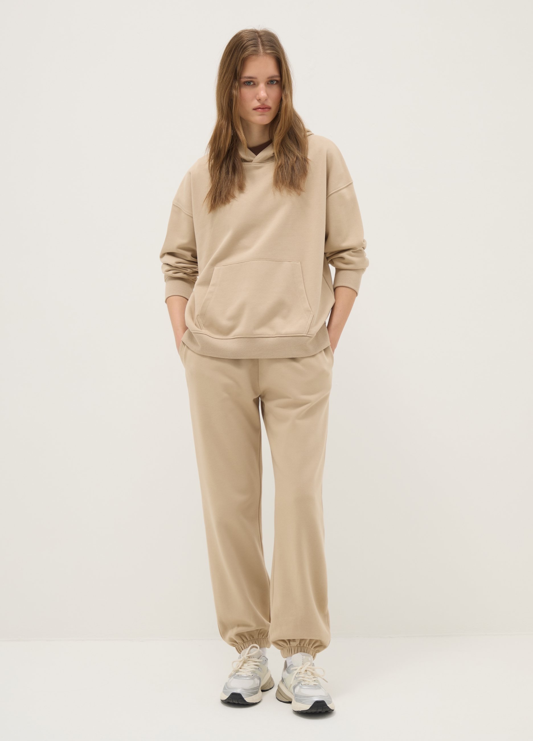 Pantalones Jogger Beige De Ajuste Regular En Mezcla De Algodón, Mujer, Beige Jaspeado, Talla: 34