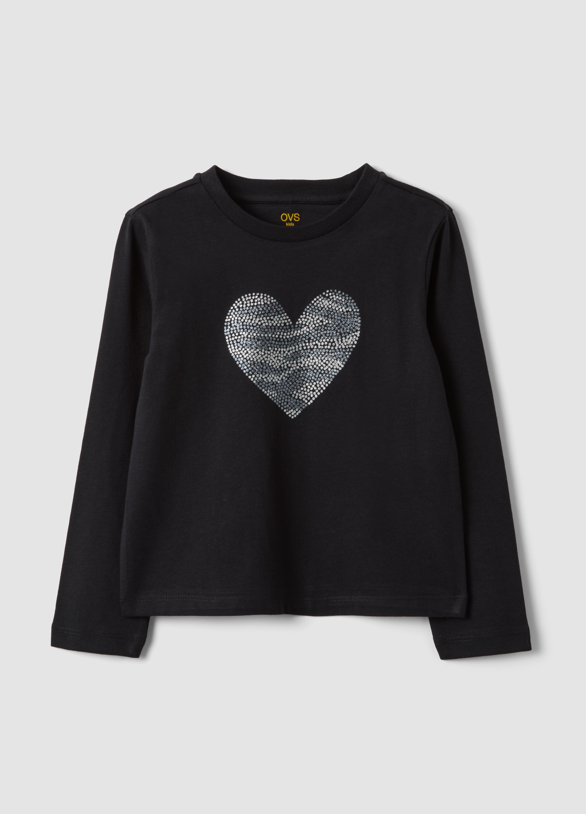 OVS KIDS, T-shirt Nera In Puro Cotone Organico Con Stampa Cuore Per Bambina, Nero, Taglia: 3-4