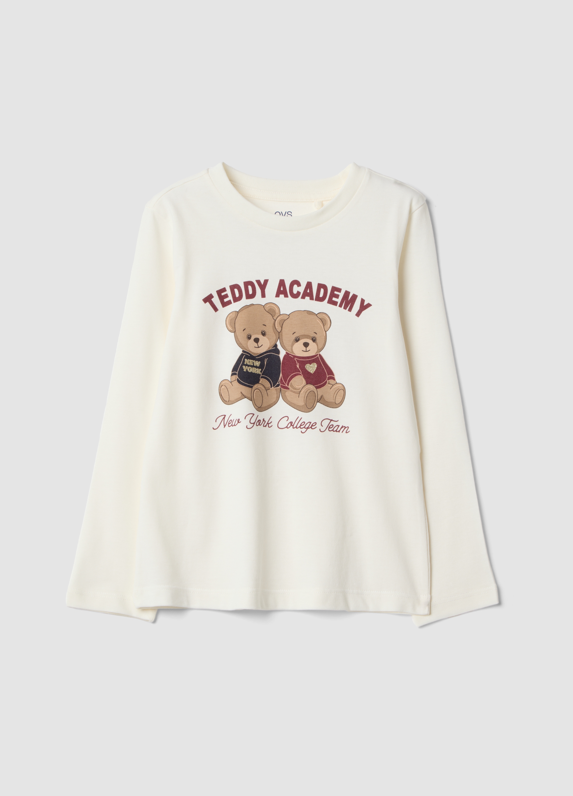 OVS KIDS, T-shirt Bianca In Puro Cotone Organico Con Stampa Teddy Per Bambina, Bianco, Taglia: 3-4