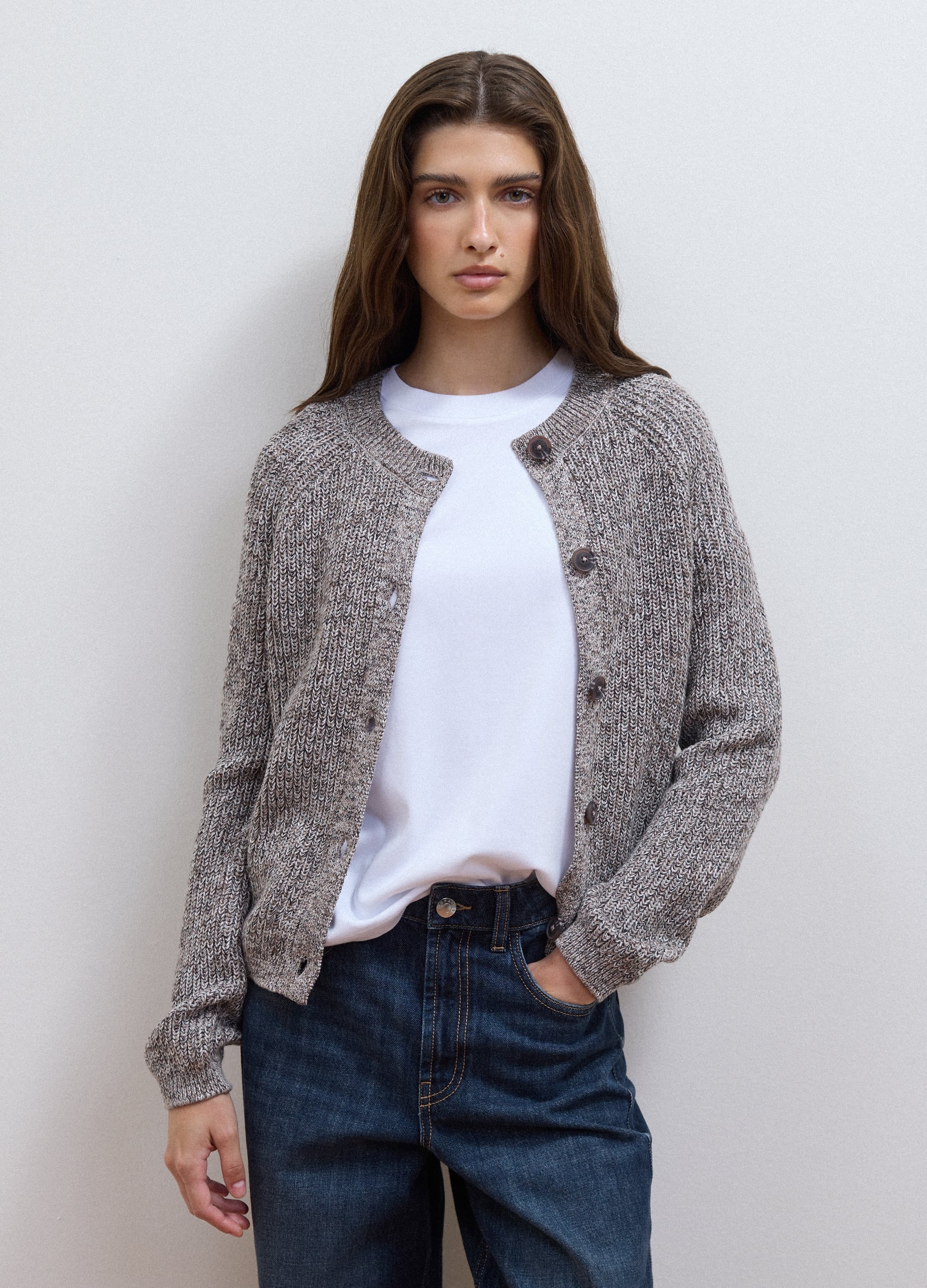 LES COPAINS, Cardigan Grigio Con Lavorazione A Maglia In Puro Cotone Regular Fit, Donna, Grigio, Taglia: M