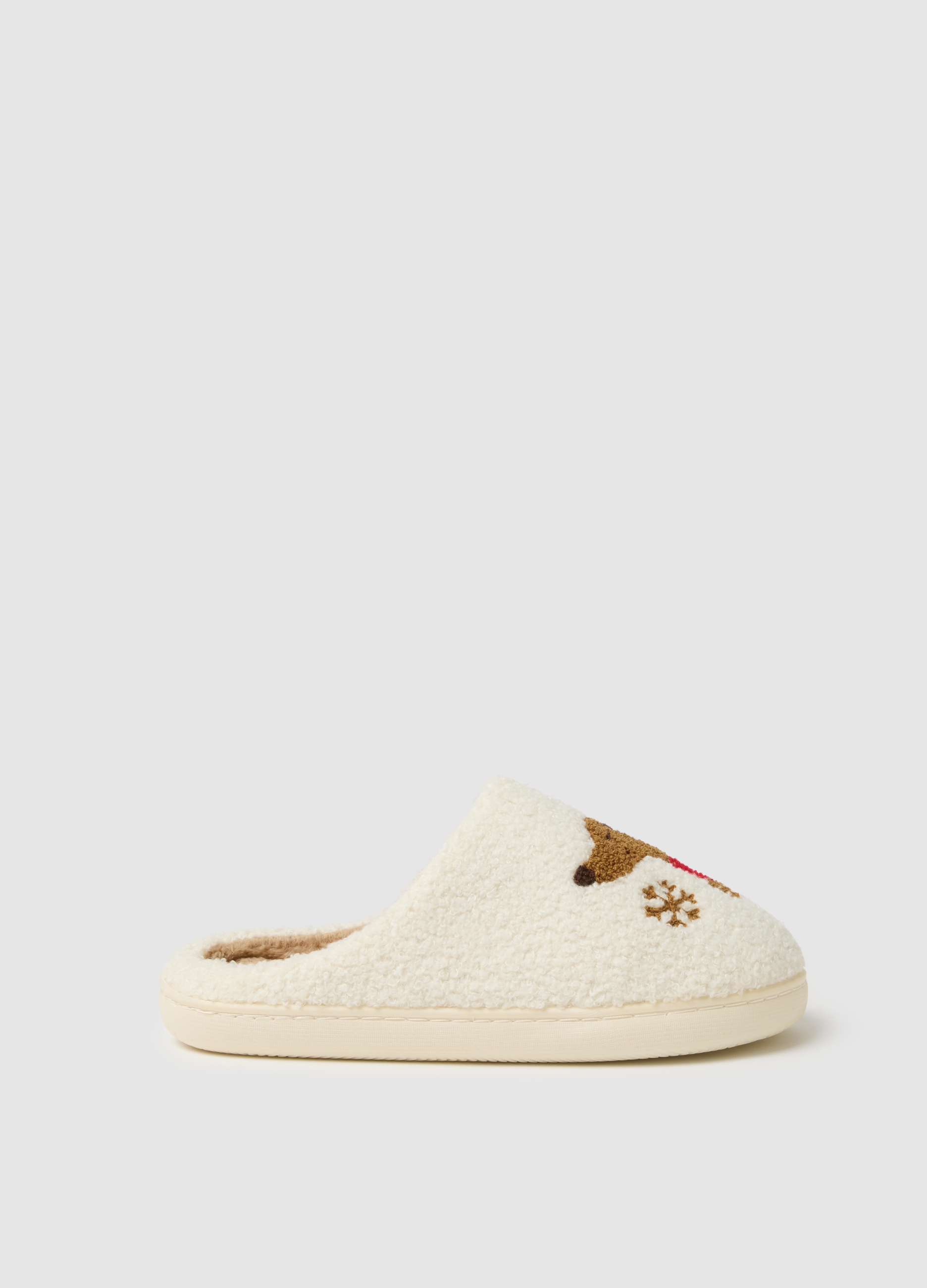 OVS, Pantofole Bianche In Peluche Con Ricamo Natalizio, Donna, Multicolor, Taglia: 36-37