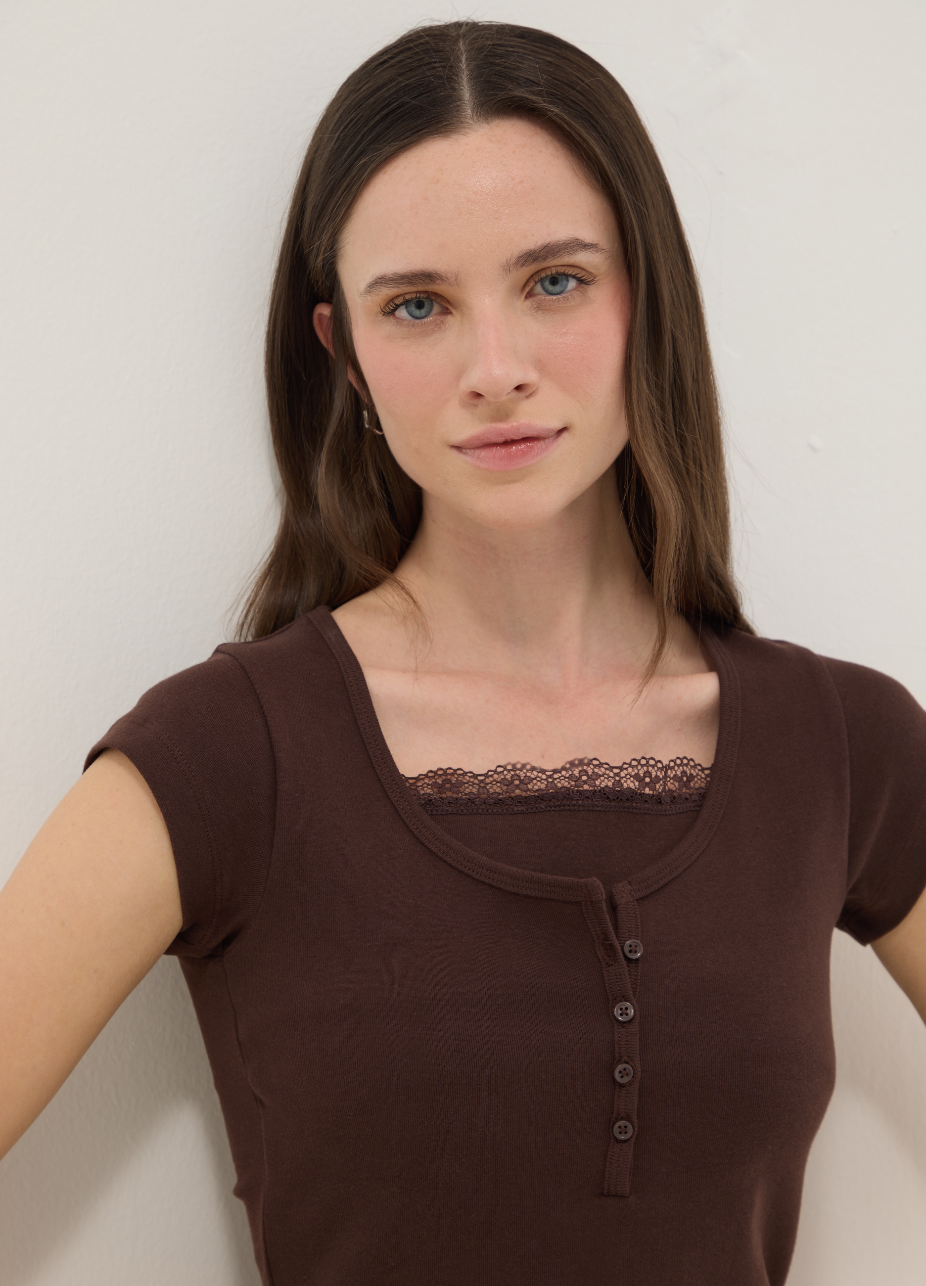 B.ANGEL, Camiseta Marrón Regular Fit De Mezcla De Algodón Con Detalles De Encaje, Mujer, Marrón oscuro, Talla: 36