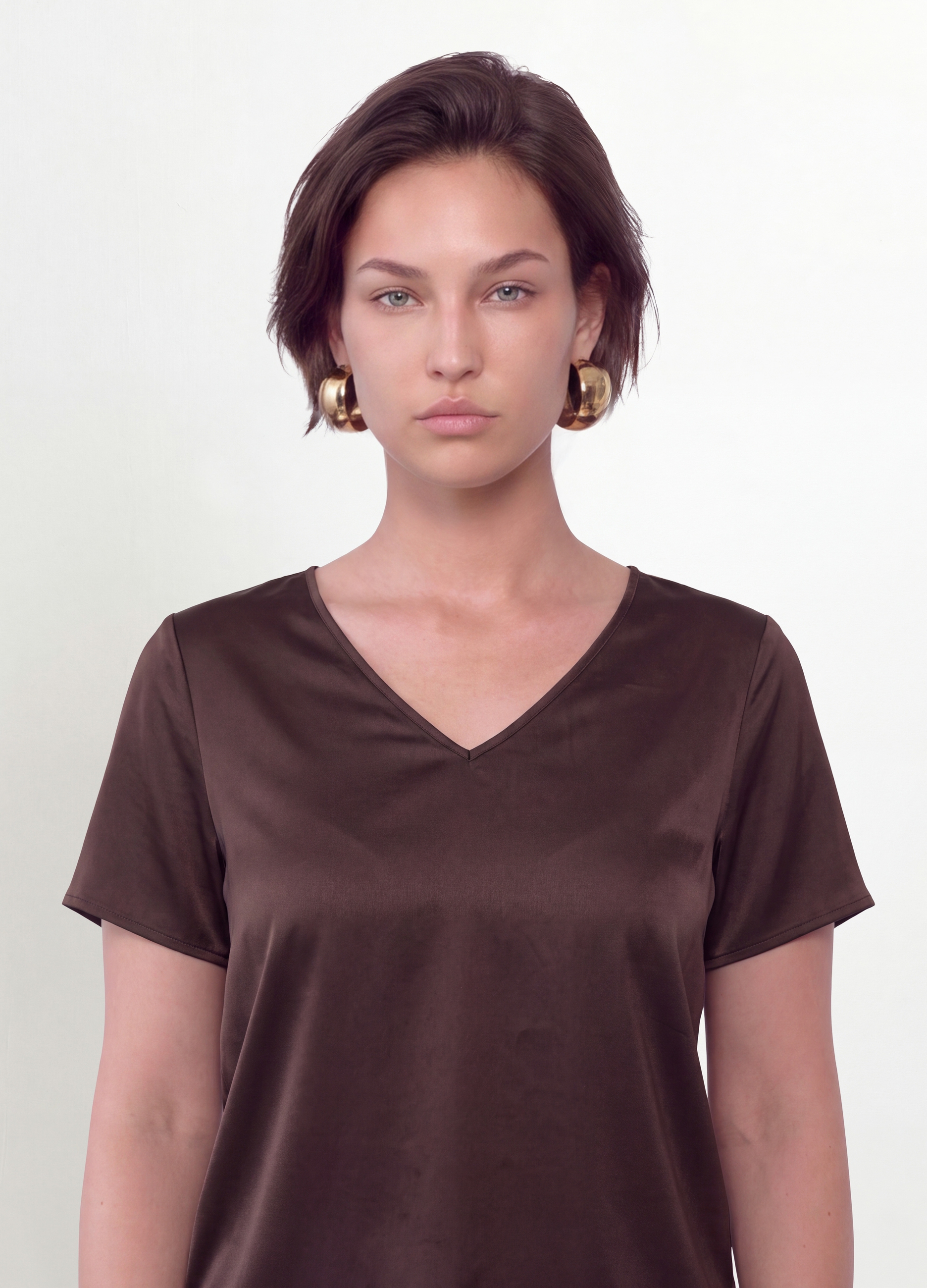 MYA, Blusa Satinata Marrone In Tessuto Elasticizzato Con Scollo A V Regular Fit, Donna, Marrone, Taglia: XL