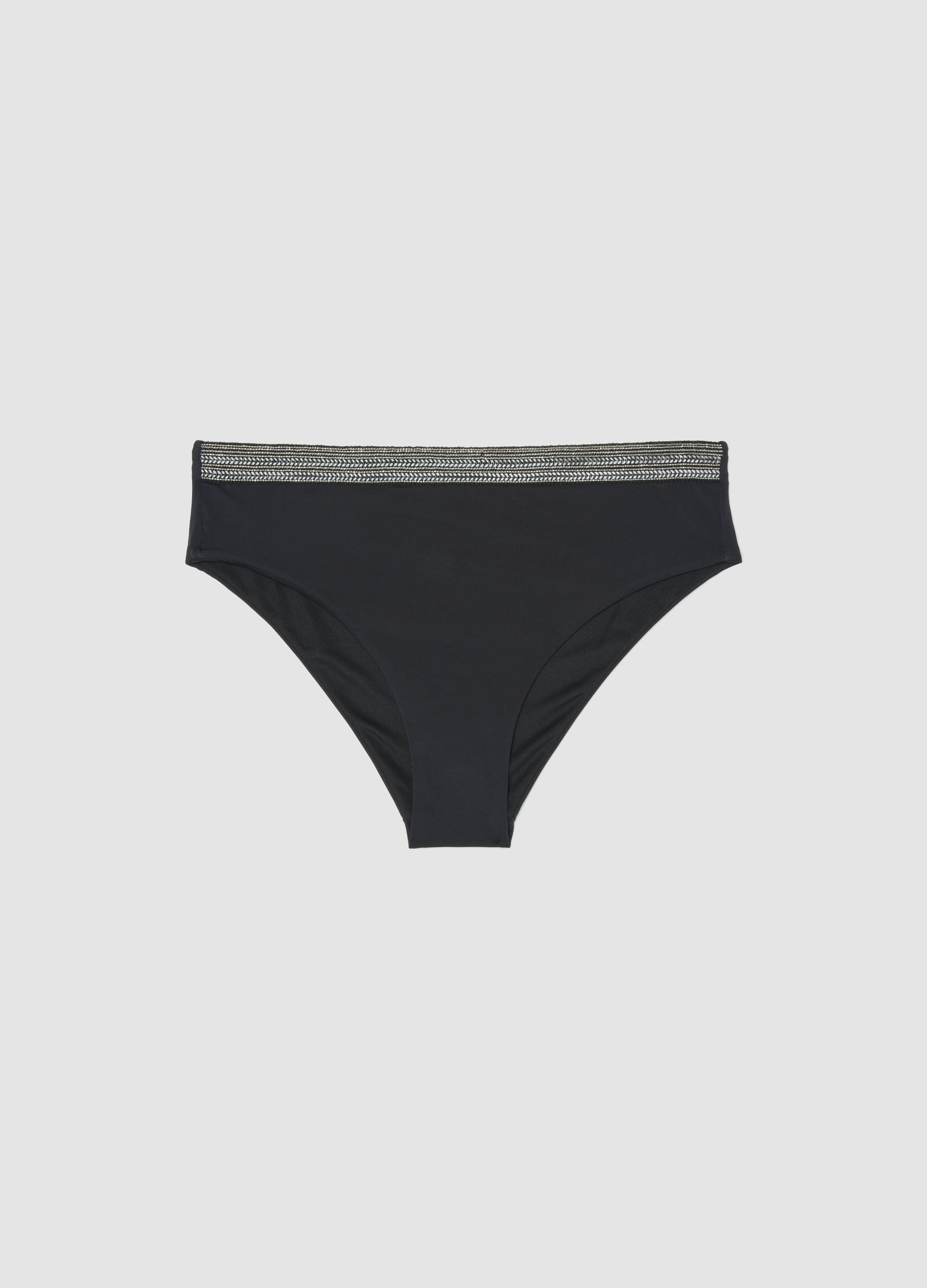 Slip De Baño Negro En Tejido Elástico Con Detalles Bordados, Mujer, Negro, Talla: 2