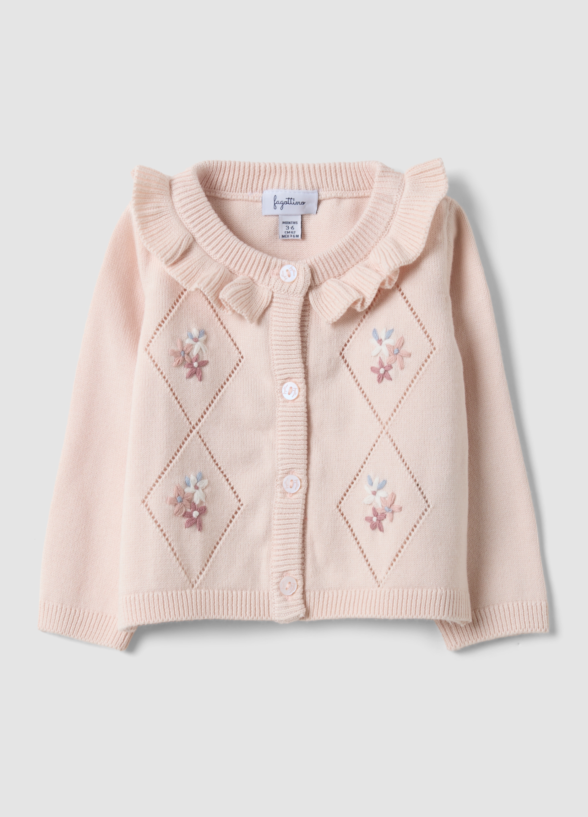 FAGOTTINO, Cardigan Rosa In Puro Cotone Organico Con Colletto A Volant Per Neonata, Rosa, Taglia: 6-9