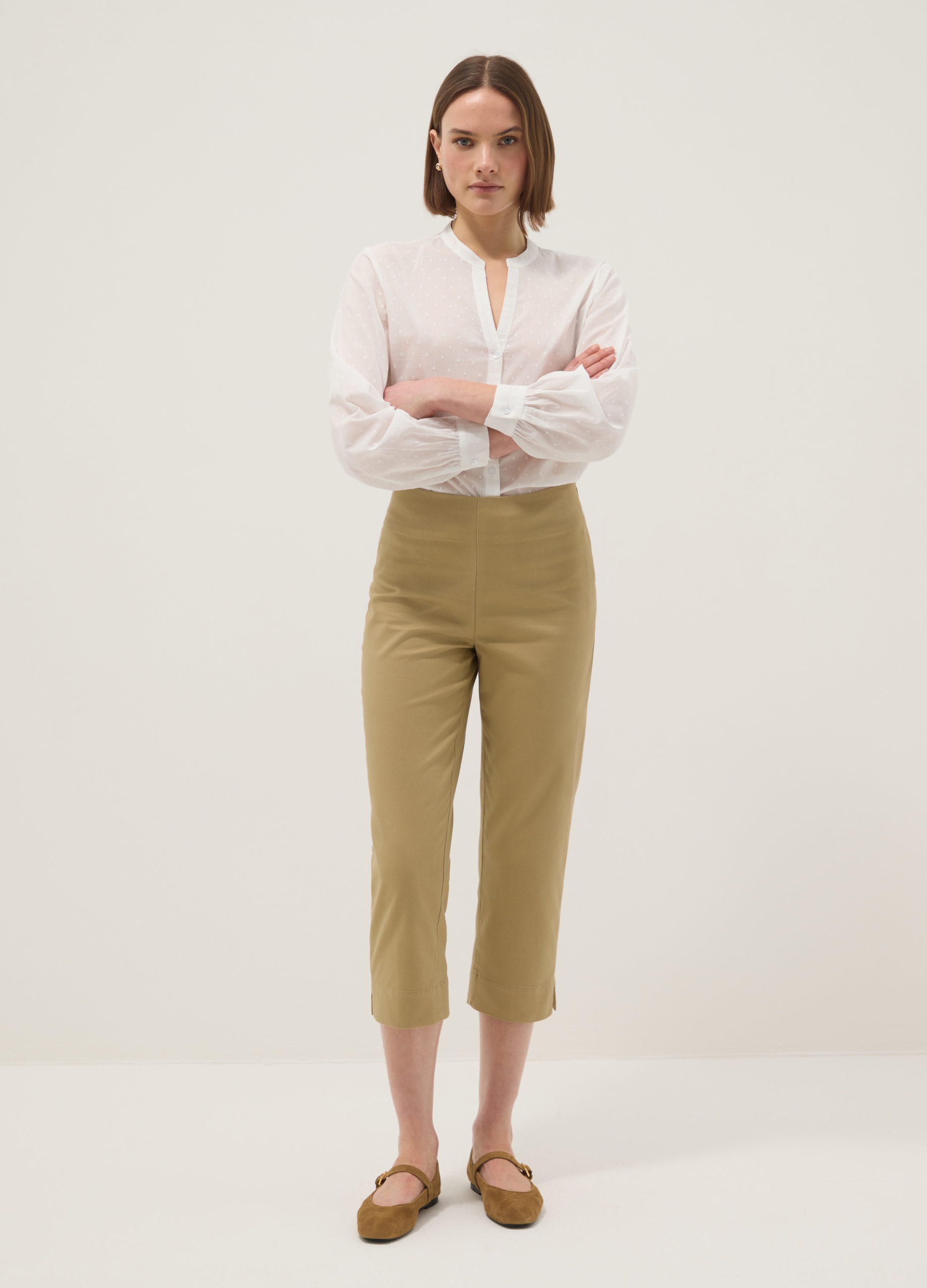 Pantalones Beige De Ajuste Slim A Tobillo En Algodón Elástico, Mujer, Arena, Talla: 38