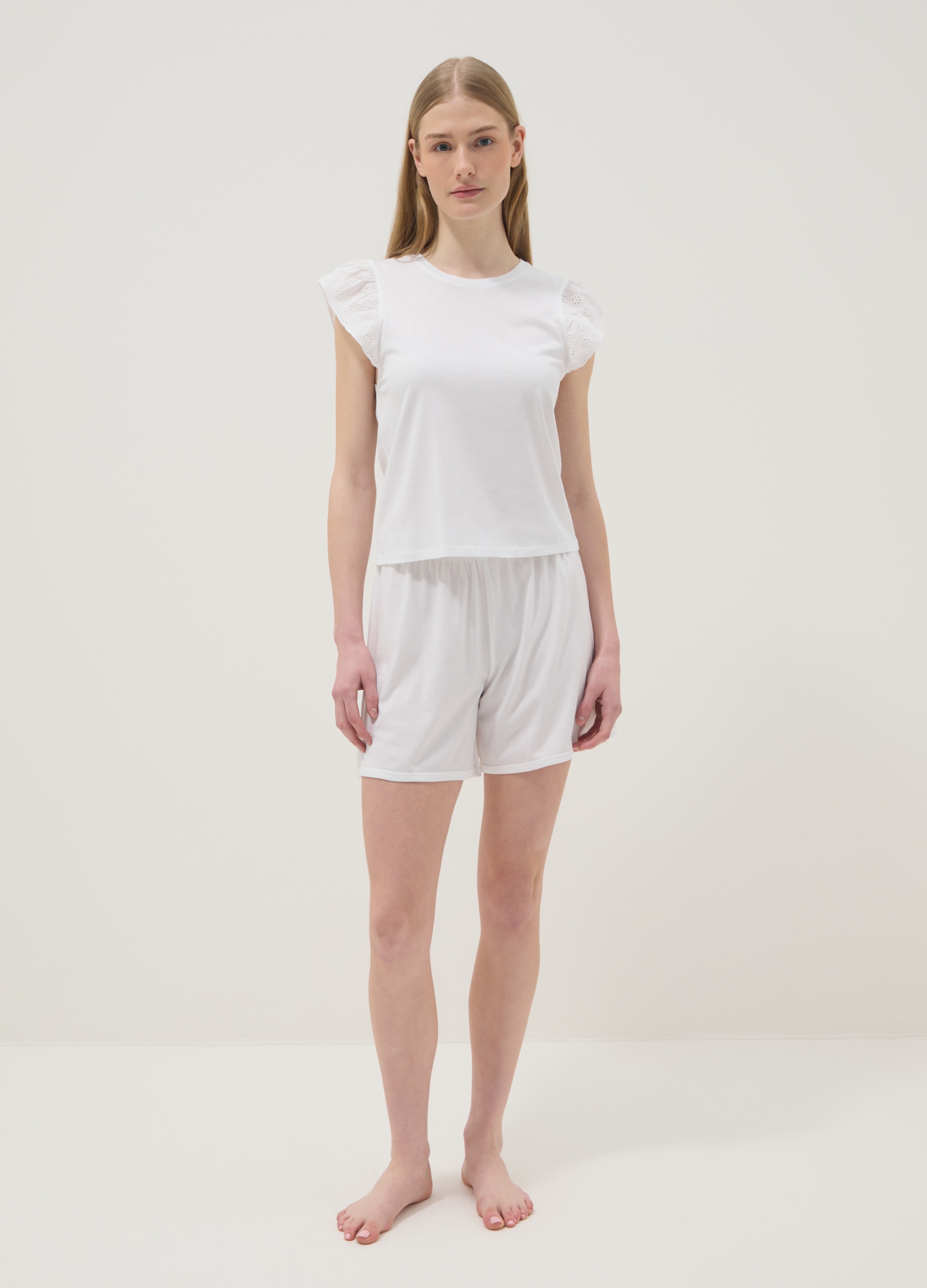 Ovs Donna Bianco Pigiama Corto In Puro Cotone Regular Fit Con Volant, Taglia: L