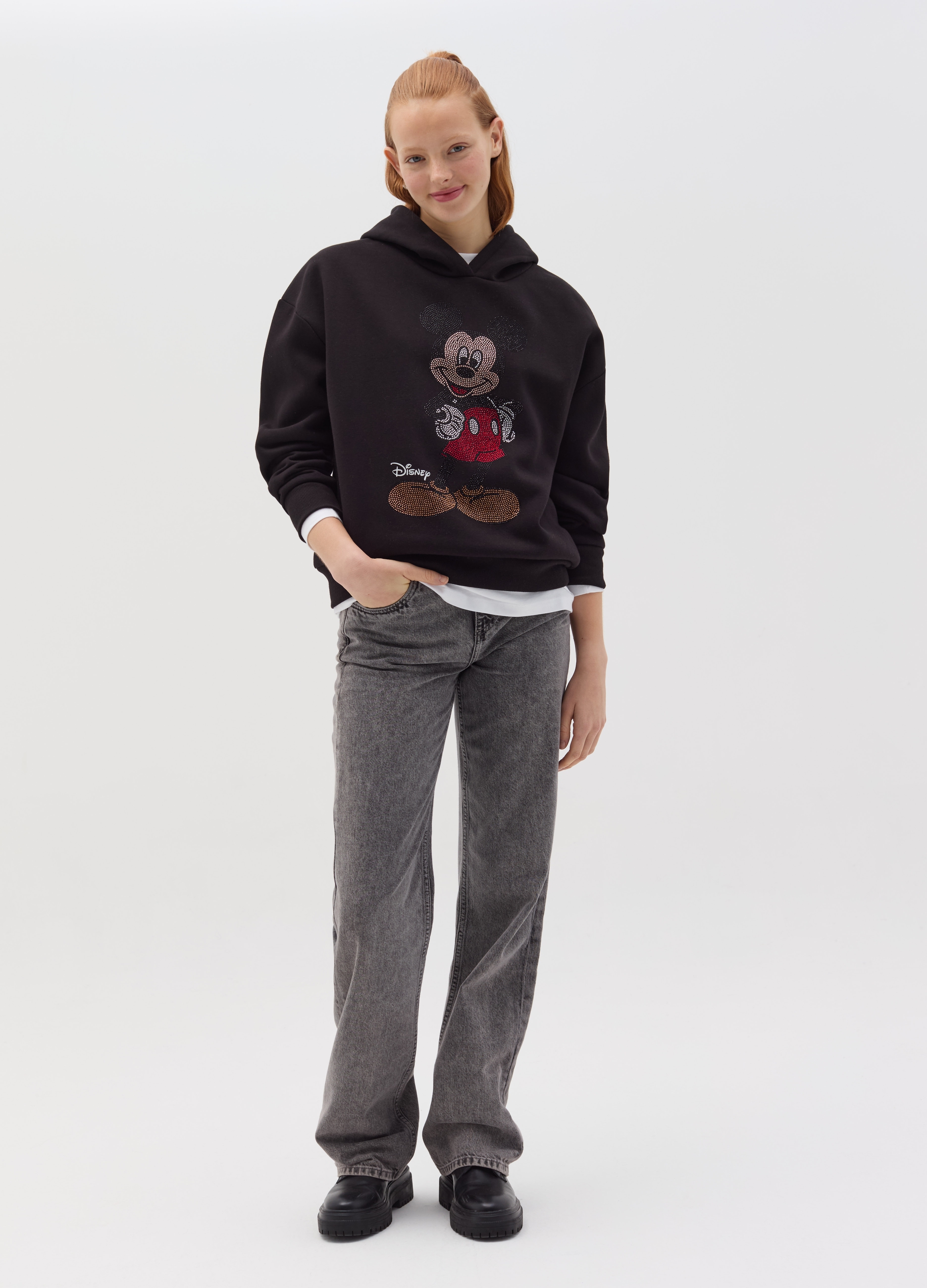 OVS, Felpa Con Cappuccio E Topolino In Strass, Donna, Nero, Taglia: M