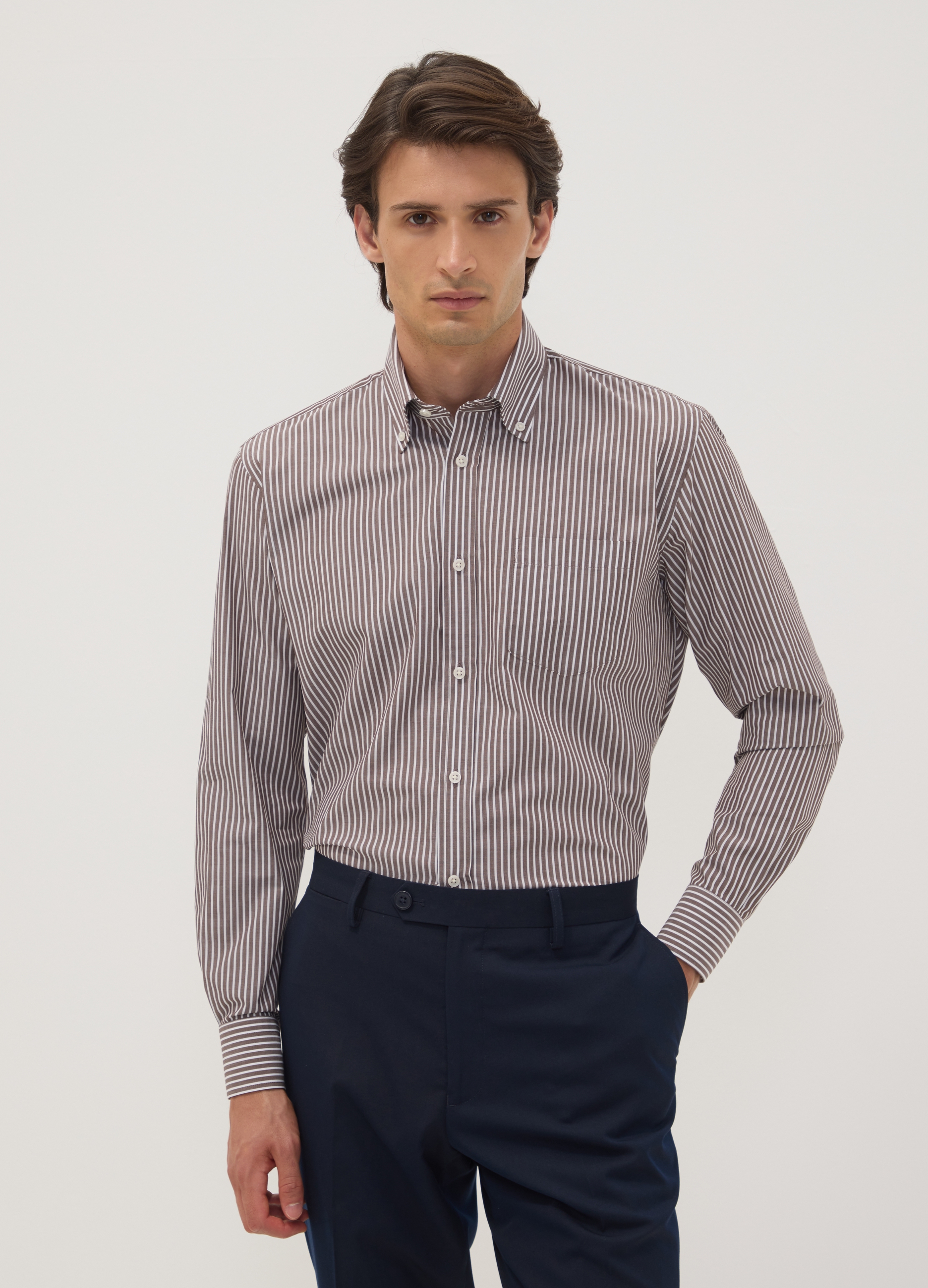 OVS, Camicia Marrone In Misto Cotone A Righe Con Collo Botton Down Easy Iron Regular Fit, Uomo, Marrone, Taglia: 43