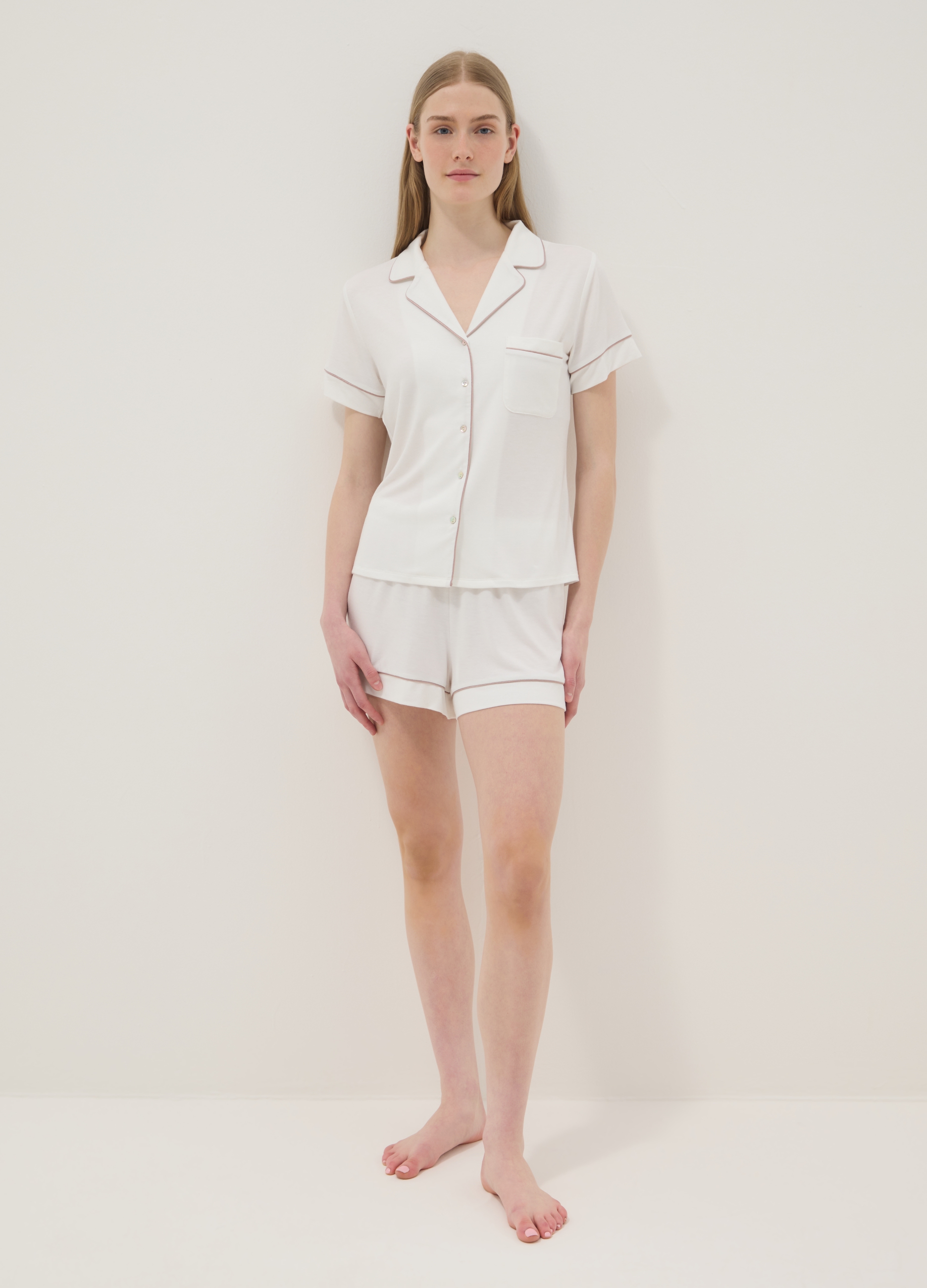 Pantalones Cortos De Pijama Blancos En Mezcla De Viscosa Elástica Ajuste Regular, Mujer, Blanco suave, Talla: 36