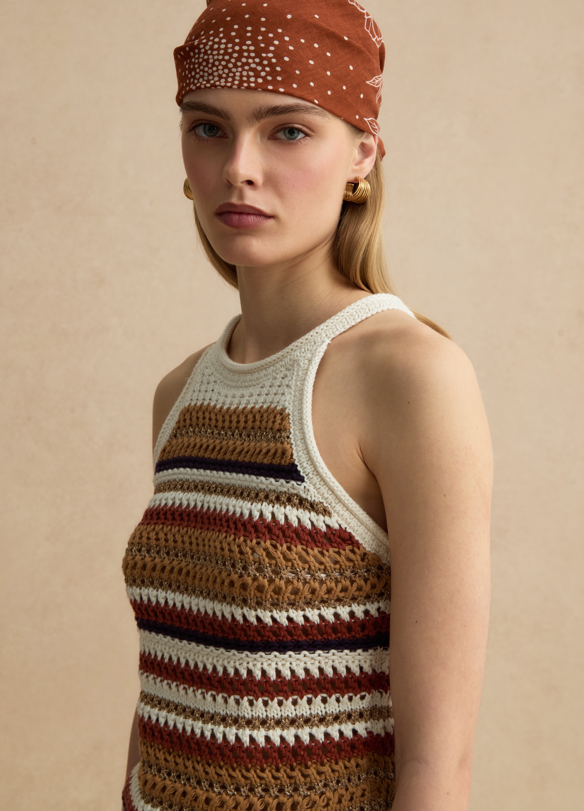 LES COPAINS, Top Fitted A Righe Multicolor In Misto Cotone Lavorato A Maglia, Mujer, Negro/Blanco/Beige, Talla: 38