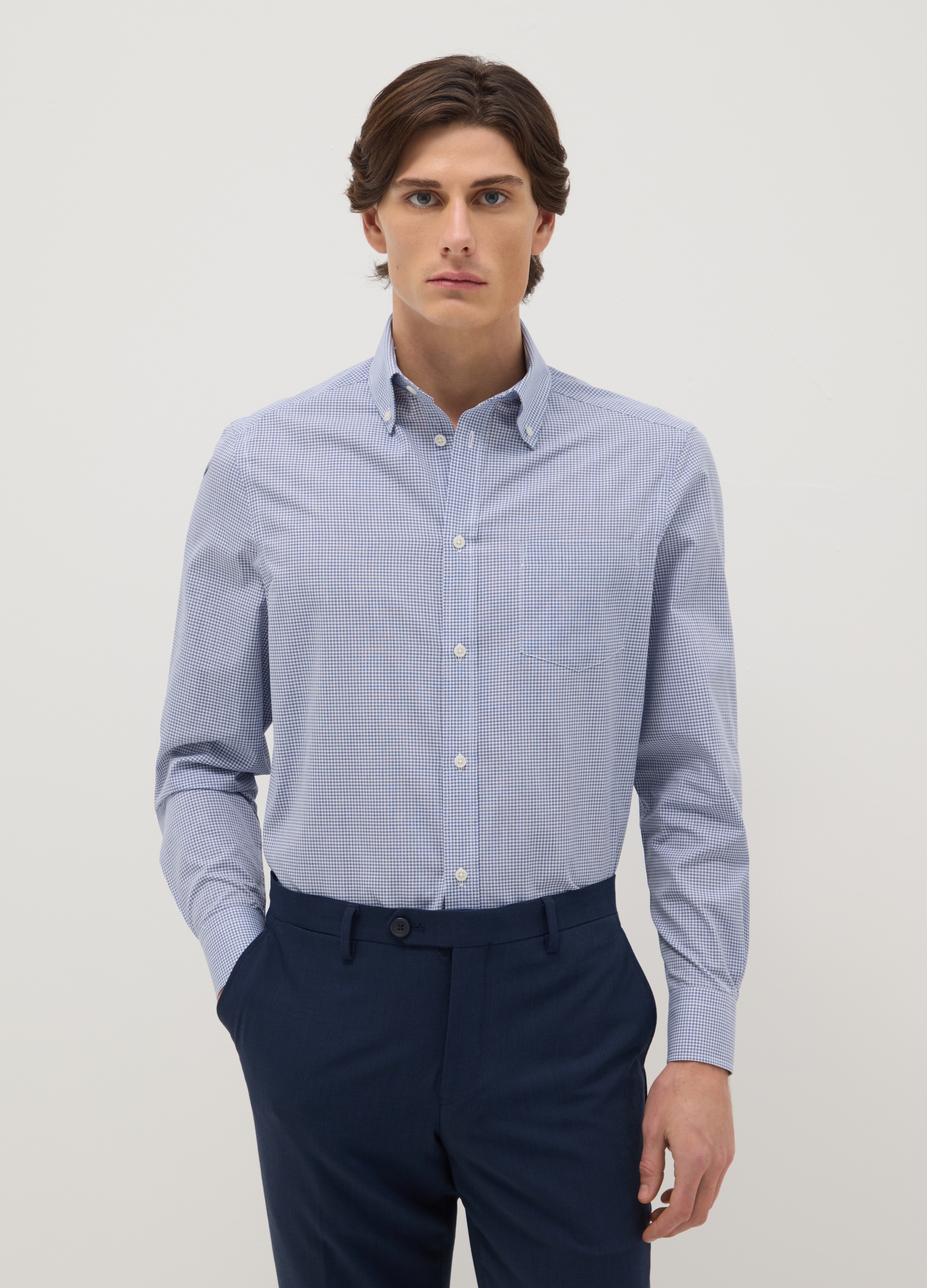 Camisa De Ajuste Slim De Cuadro Multicolor En Mezcla De Algodón Fácil De Planchar, Hombre, Blanco/azul, Talla: 42